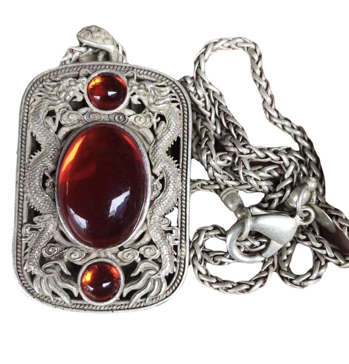 Antique Ethnic Style Retro Miao Silver Double Dragon Hollow Necklace Miao Silver Pendant