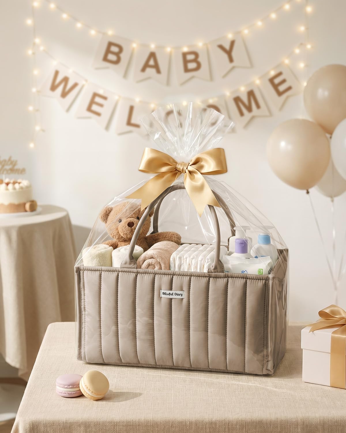 Blissful Diary Organizer na pieluchy dla niemowląt, stylowy kosz do przechowywania niezbędnych artykułów dla noworodka i stacji na pieluchy, prezent na baby shower i niezbędny element listy, brązowy