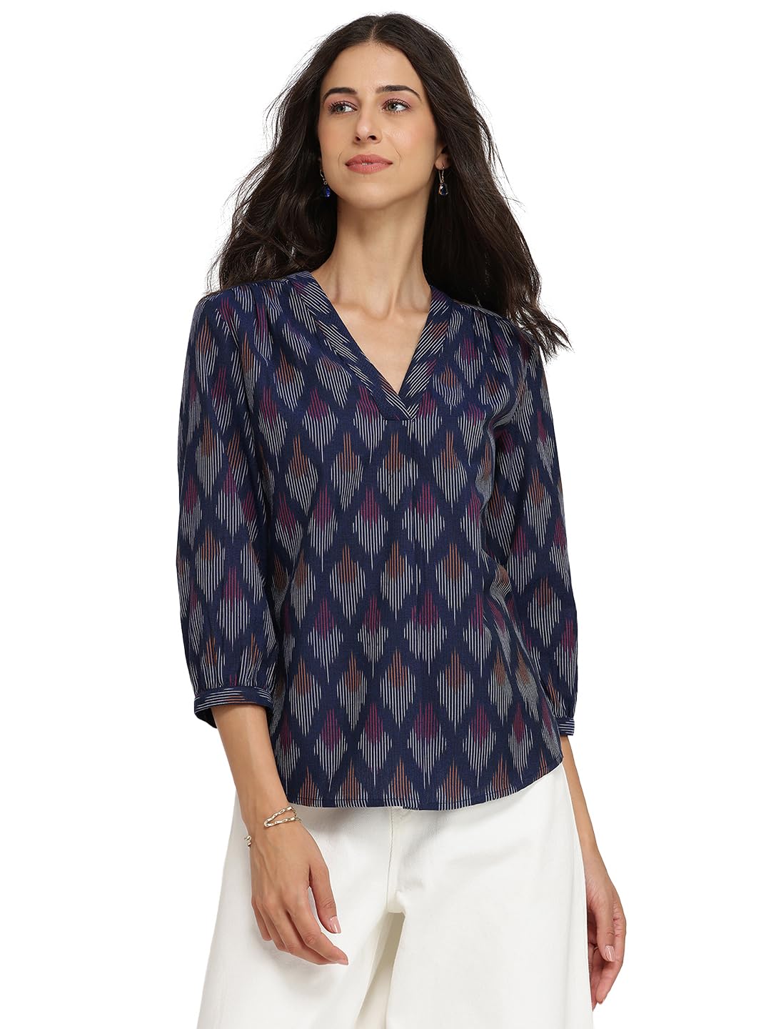 Casual Cotton Ikat V-Neck Top |Regular Fit 3/4th Sleeve Top | Navy Blue
