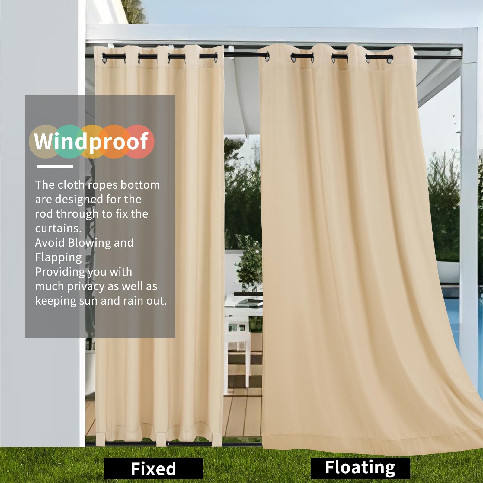 Teruntrue Rideau Extérieur Lot de 2 Rideau pour Pergola Occultant Résistant aux Intempéries avec Oeillet, Rideaux pour Tonnelle, Balcon, Terrasse, Rideaux avec Passants en Bas, H213 x L132 cm, Beige
