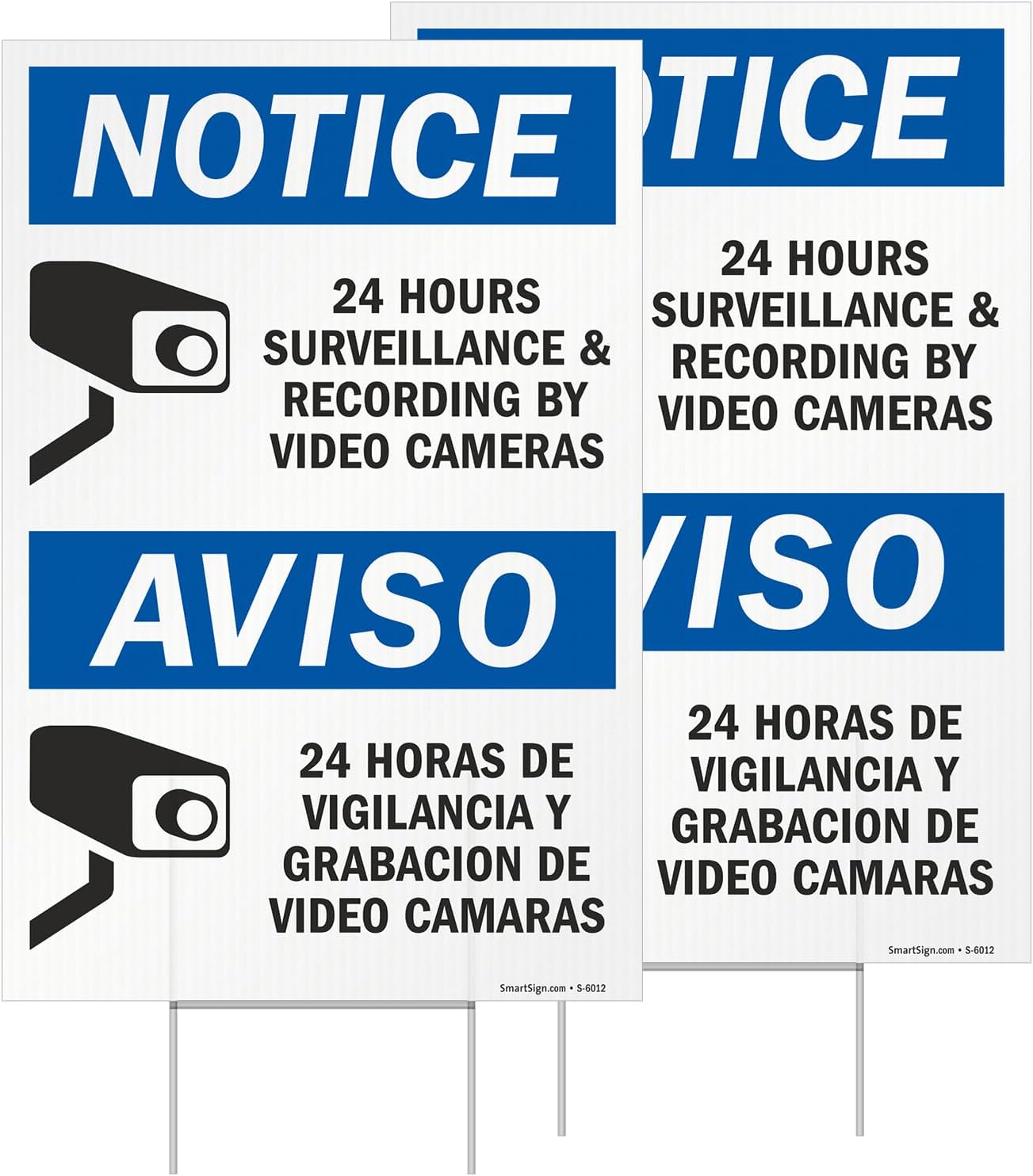 SmartSign 12" x 18" (2-Pack) Bilingual "24 Hours Surveillance" Notice Yard Sign with 15" tall Metal H-Stake, Double-Sided, 160 mil Thick Corrugated Plastic Lawn Signs, Made in USA