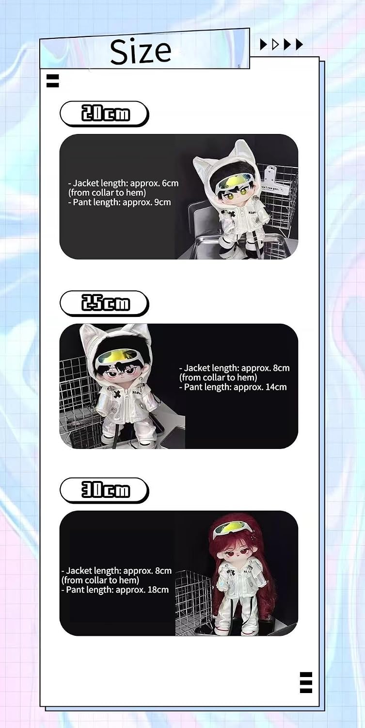 3PCS Doll Clothes Set for 20cm 25cm 30cm Plush Dolls, Cat Ear Shiny Jacket Pants Reflective Sunglasses Outfit, Cool Stuffed Doll Clothes for Dress Up and Photography (20cm)