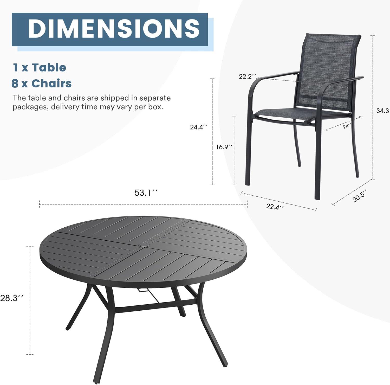 DIFY 9 Pieces Outdoor Patio Dining Set for 8, 53.1" Black Round Metal Dining Table and 8 Grey Stackable Textilene Patio Chairs, Outdoor Table and Chairs for Backyard Garden Poolside
