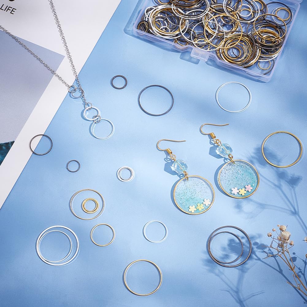 PH PandaHall 180pcs Brass Linking Rings, 3 Colors 6 Sizes Circle Frames Charms Links Rings Jewelry Connectors Hollow Bezels Round Circle Pendants for DIY Jewelry Dangle Earring Necklace Making