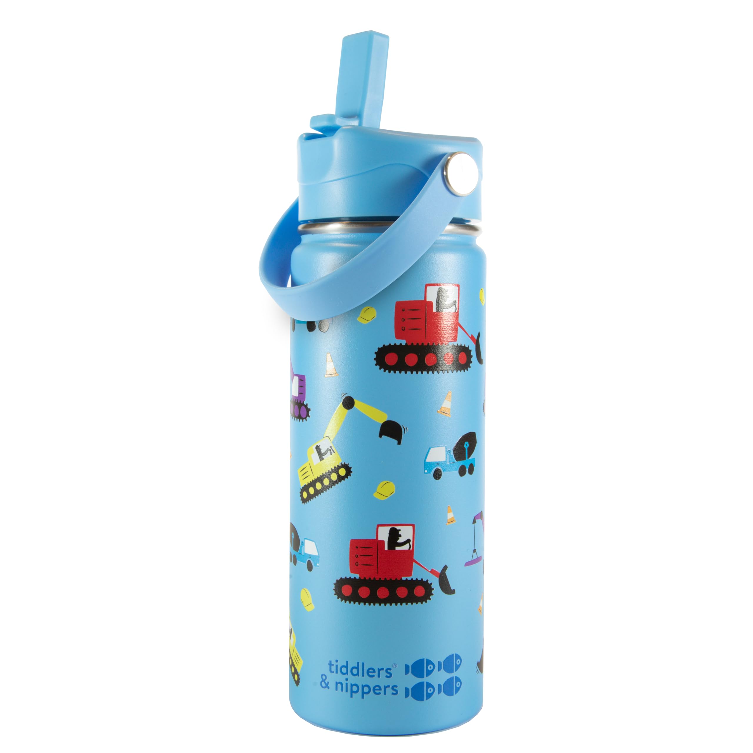 tiddlers & nippers Stainless Steel Vacuum Insulated Double Wall Kids Reusable Water Bottle with Leak Proof Straw 500ml | Keeps Cool for 24hrs & Warm for 10hrs + (Diggers & Lorries)