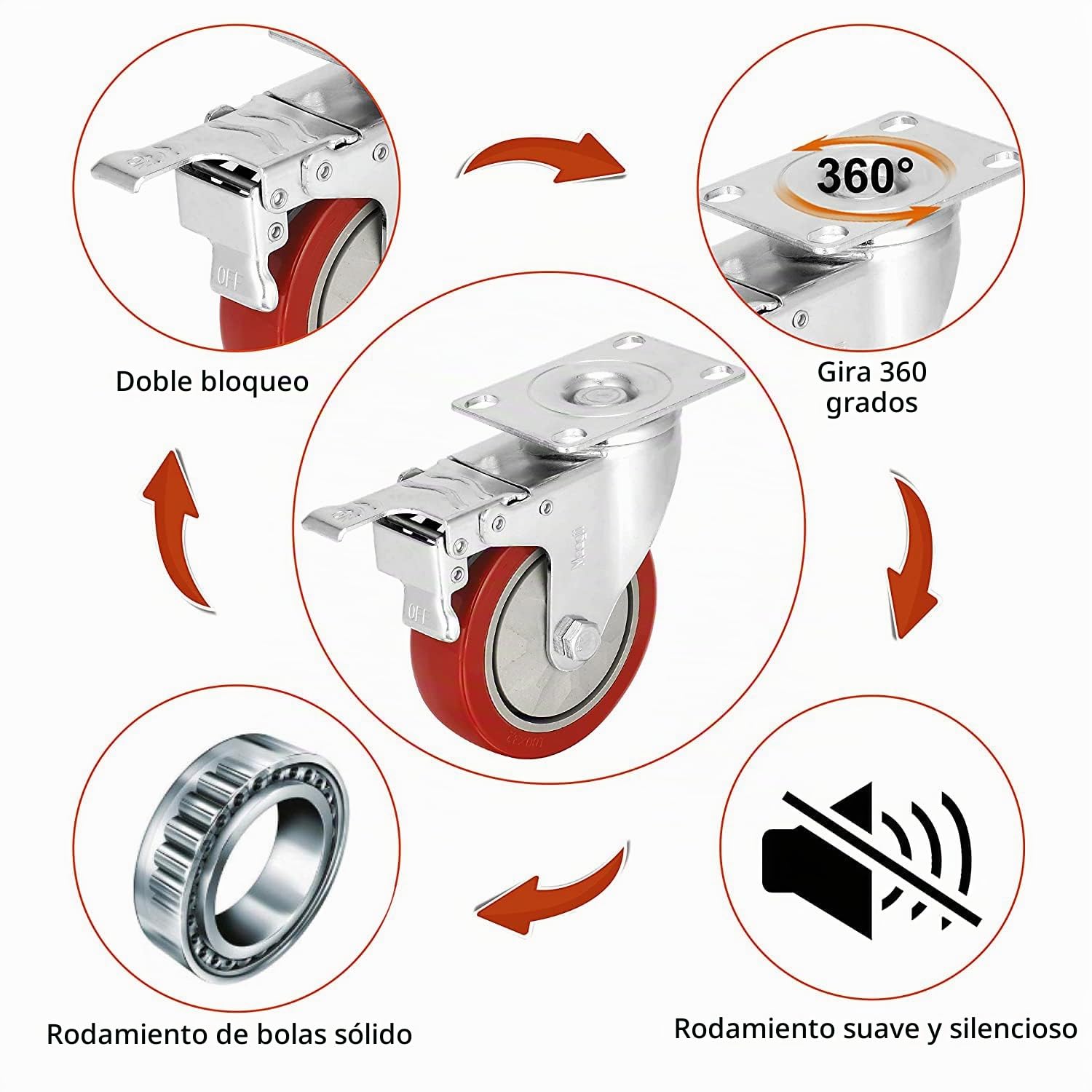 Ruedas para Muebles Pesados con 4 Freno + Tornillos - 100 mm Hasta 800 kg - 4 Ruedas que No Dejan Marcas de Alta Resistencia - Ruedas Giratorias para Palets Engomadas