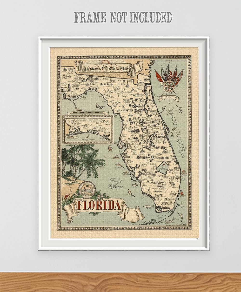1954 Map of Florida Vintage Art 28x36 Unframed Print - Antique-Style Wall Art for Living Room, Library, Office, Classroom, Study - Illustrated State Map, Historic Landmarks, Gifts for Florida Lovers