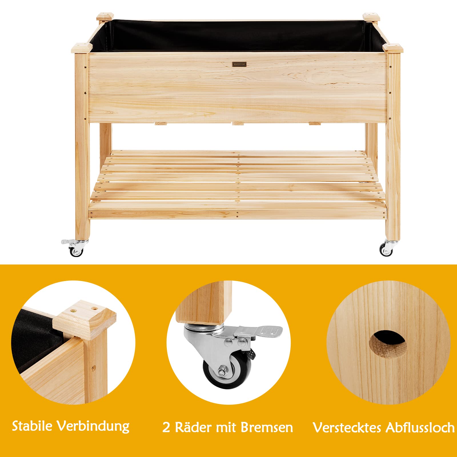 FANTASK Hochbeet aus Holz mit Ablage & Rollen, Erhöhtes Gartenbeet, Pflanzkasten mit feststellbaren Rädern & Abdeckfolie, Natur