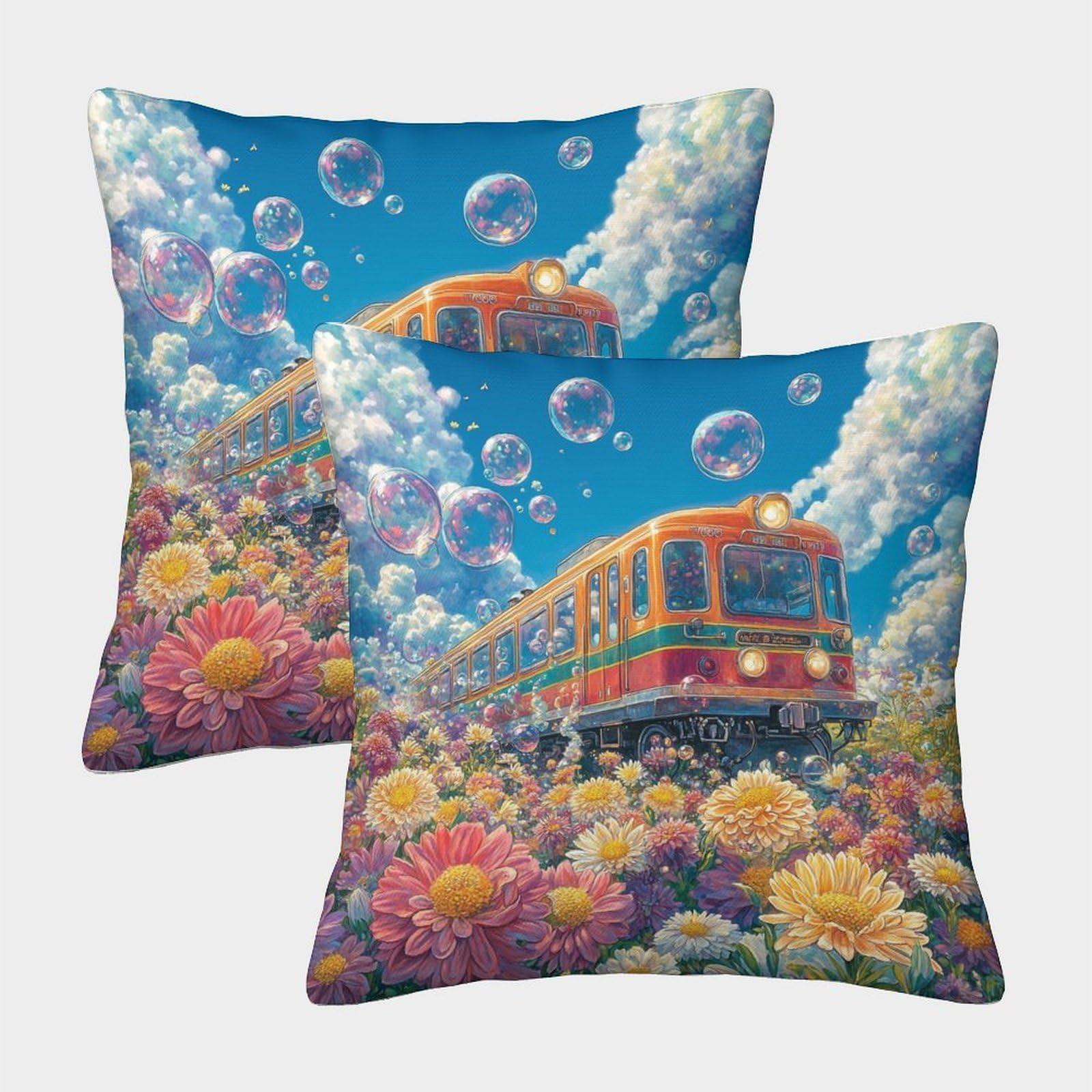 QFVANSIYO Whimsical Bubble Train 3D Printed Pillowcase Microfiber Bedroom Décor Dreamy Train Pillow Cover for Adults Teens Home 45x45cm