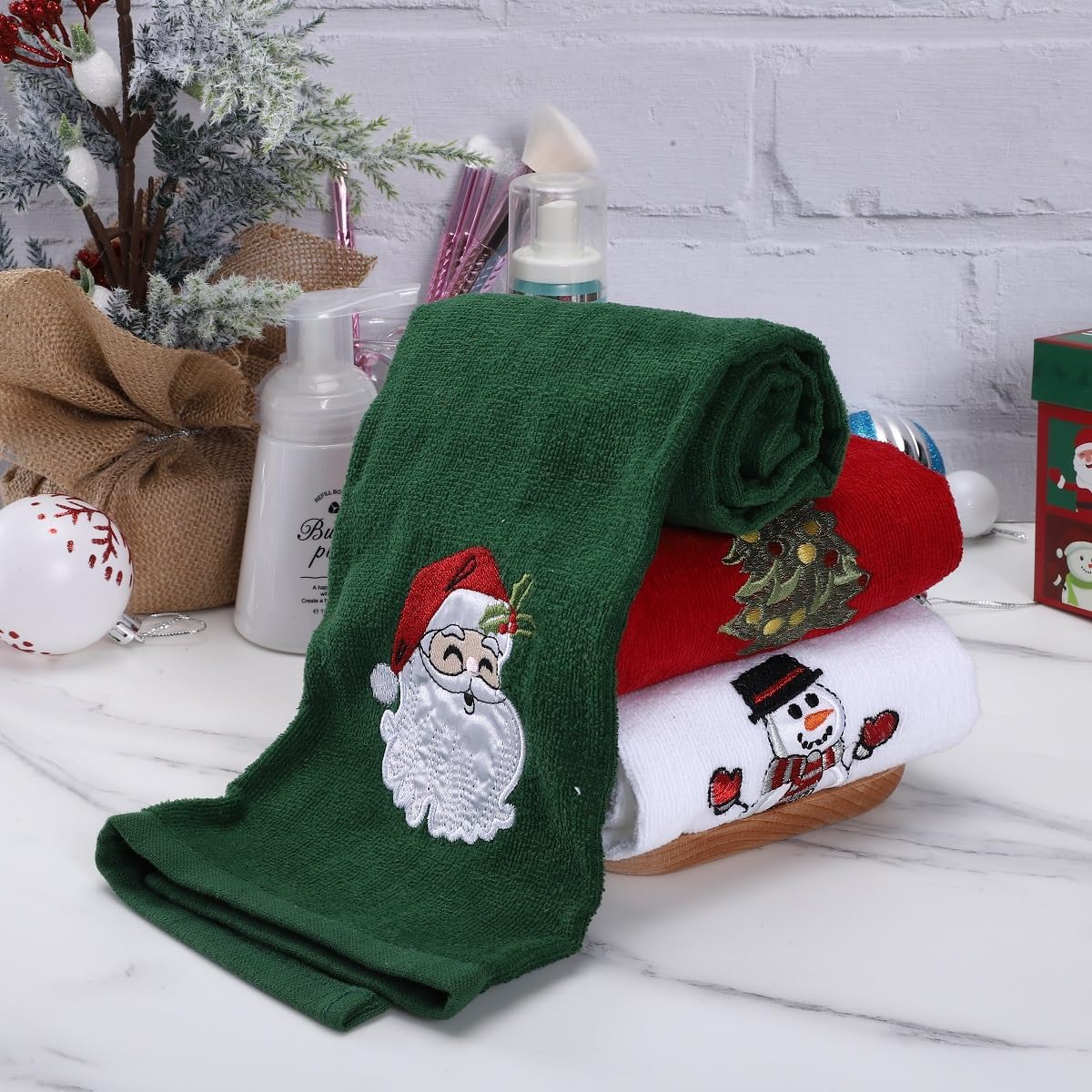 Christmas Hand Towels - Set of 3 Kitchen and Bathroom Towels - Cotton, 18x25 Inches - Embroidered Holiday Design - Decorative Dish Towels in 3 Colors( Red, Green, White) - Image 6
