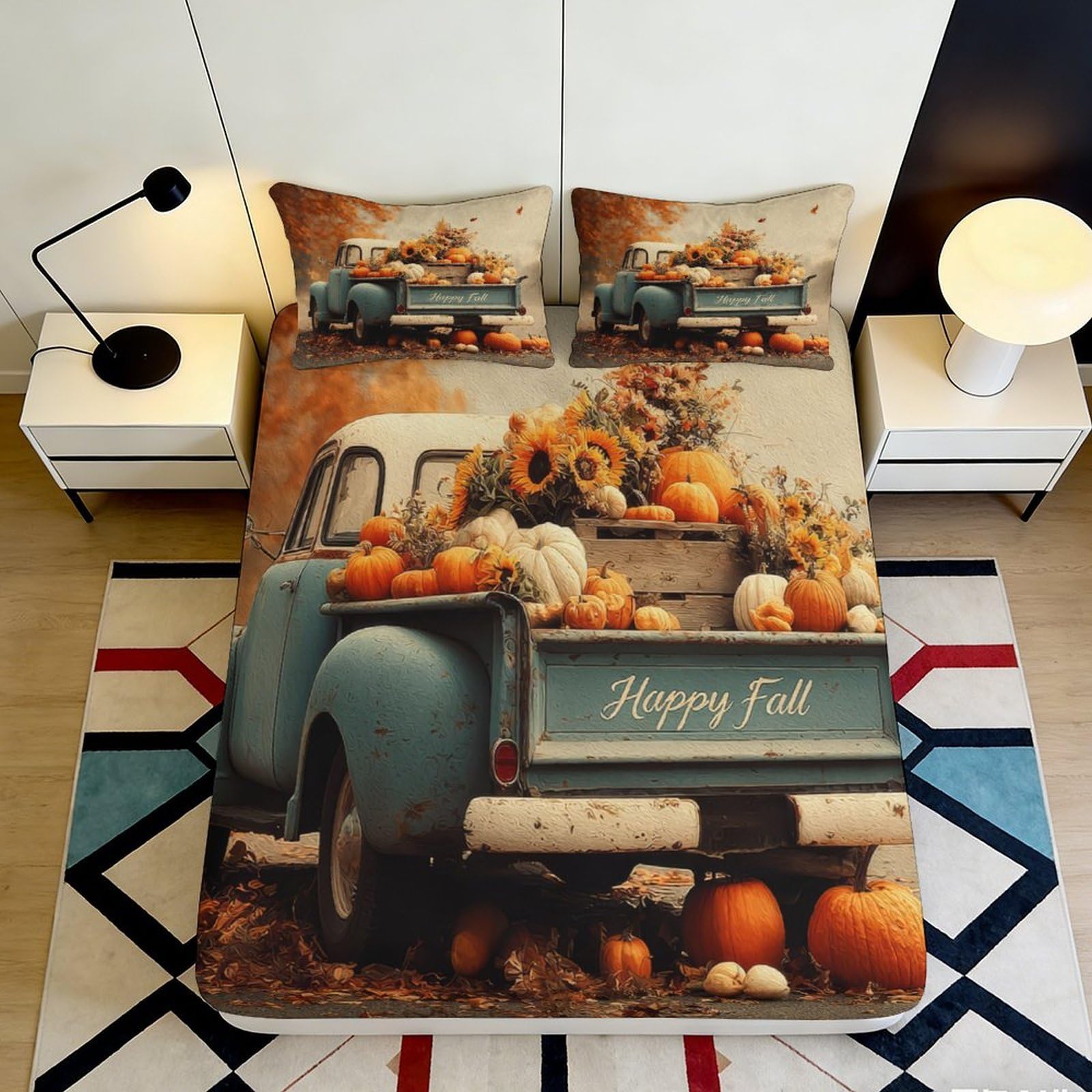3D Printed Vintage Truck Pumpkin Fitted Sheet Microfiber Autumn Sunflower Bed Cover for Bedroom Guest Room Decor 90x200x25cm