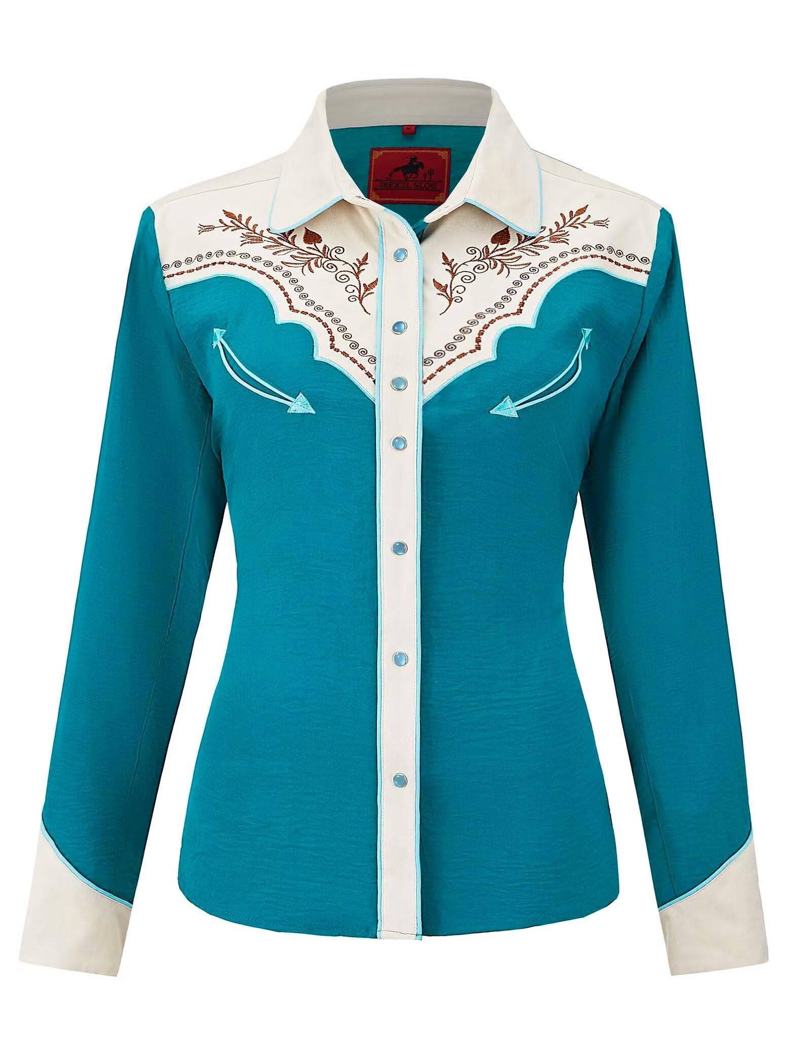 DIFICIL SLOG® Women's Embroidered Western Cowgirl Snap Button Down Shirt with Stretch Long Sleeve Loose Blouse