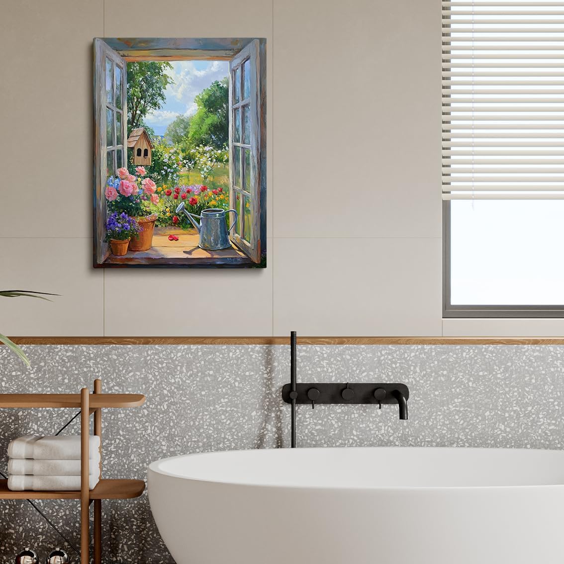 Open Window Garden Print, Cottage Flower View Wall Art, Rustic Window Landscape Poster, Country Birdhouse Painting for Home Decor-12x16Inch Ready to Hang(Framed)