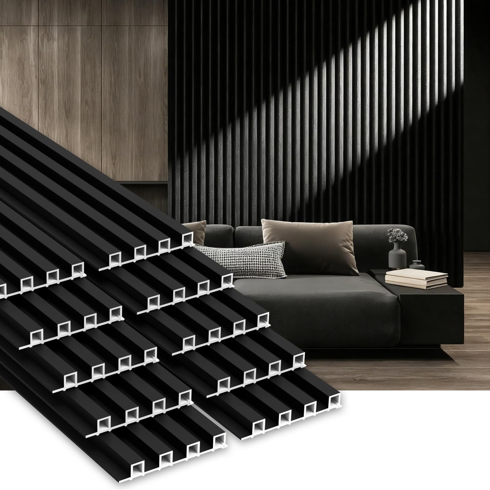 Photo 1 of RITOLLO 10Pack WPC Slat Wall Panels, 90.6 x 6.6 x 0.9Inches 3D Accent Wall Panels for Interior Home Decor, Fluted Wood Paneling for Living Room, TV Background, Office, Bedroom (Matte Black)