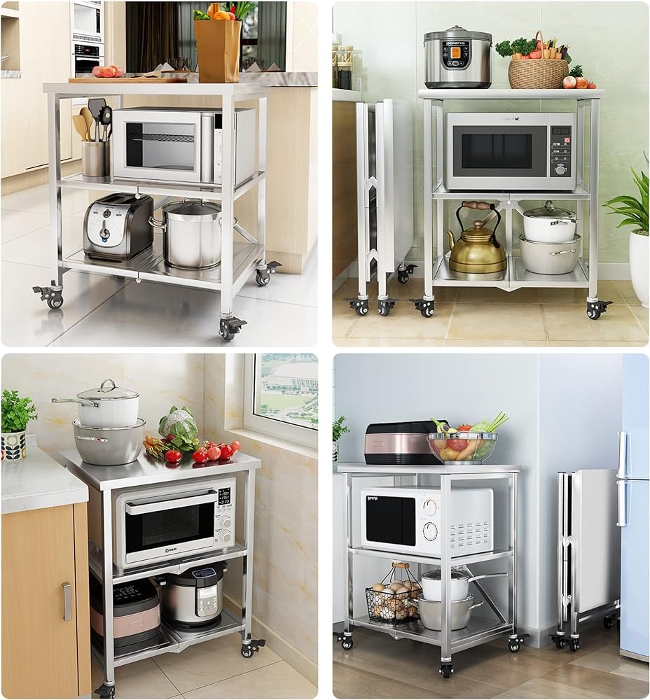 RollingCart pieghevole – Carrello multiuso in acciaio inox con ruote di bloccaggio e ampia rabbia per sala da pranzo e preparazione del cibo – Cucina mobile