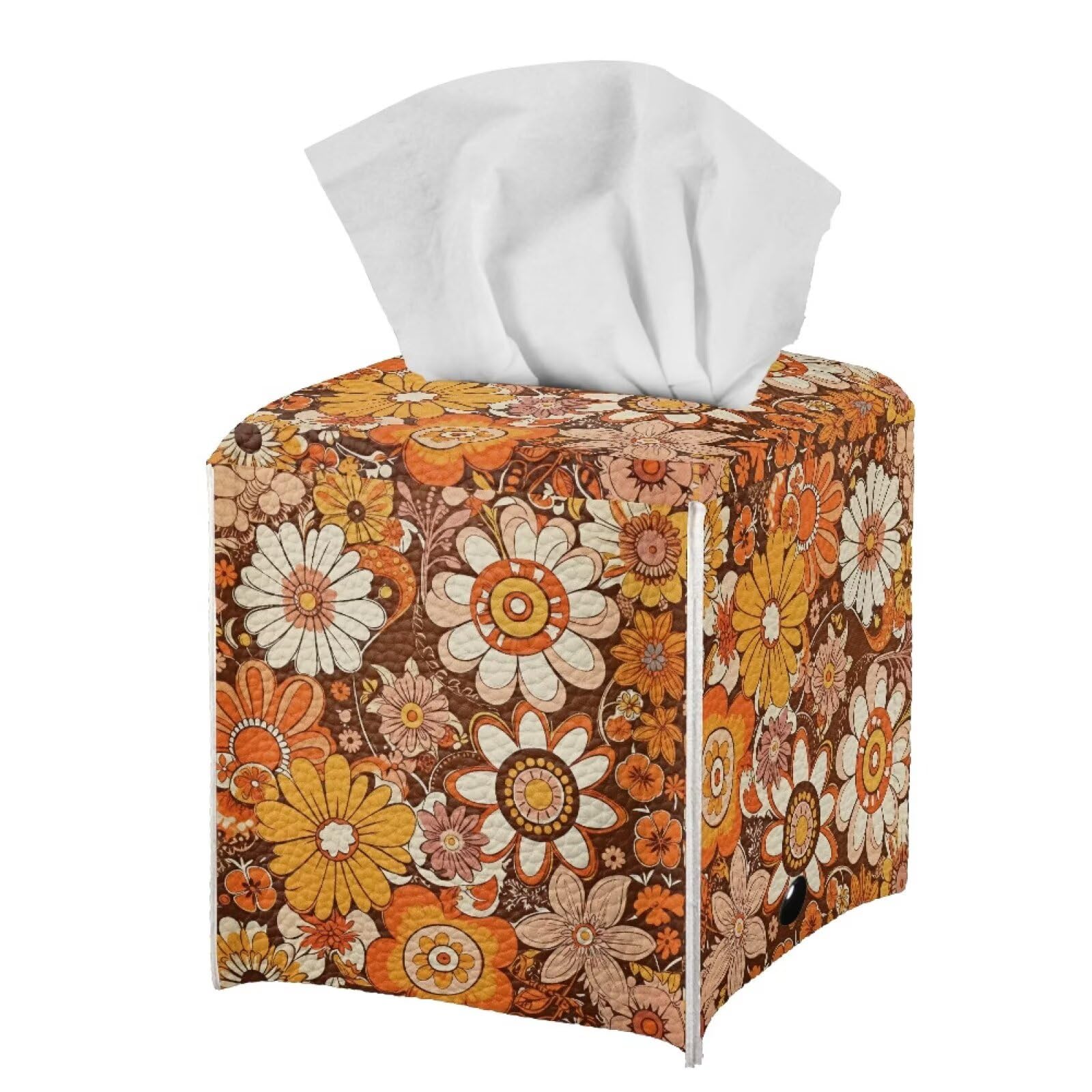 Flower Hippie Tissue Box Cover PU Leather Waterproof Orange Square Tissue Holder Elegant Modern Decorative Print Tissues Cube Organizer for Home Office Kitchen Room Decor
