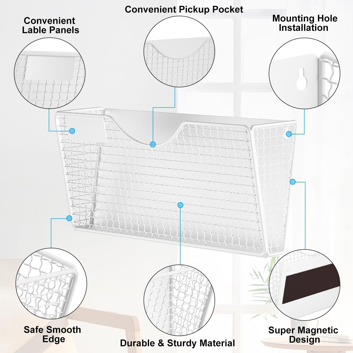 MFTEK Magnetic File Holder, 2 Pockets Wall File Folders Holder No Drilling Magnetic Paper Mail Organizer Magazine Basket, Hanging Storage Rack for Fridge Cabinets Office Classroom(White)