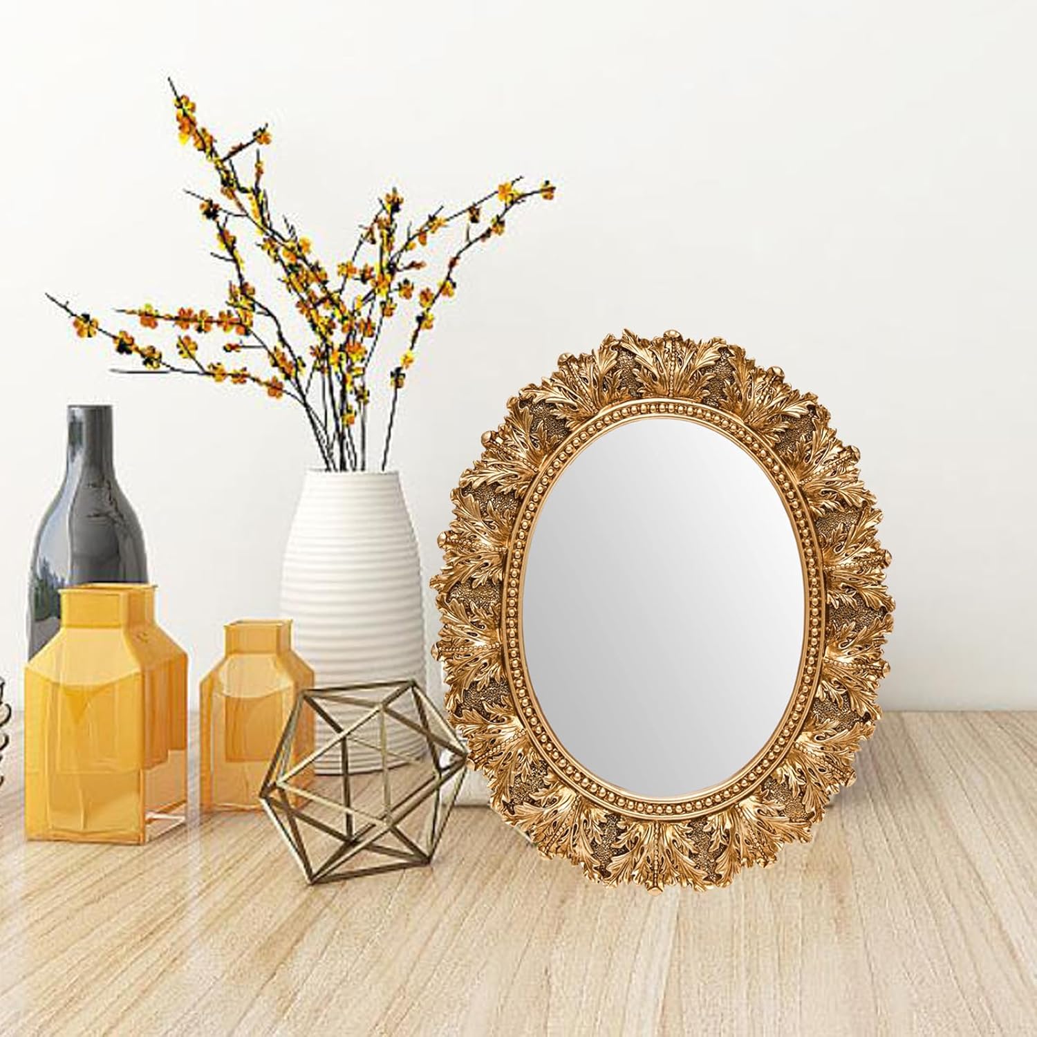 JANDERART Small Oval Vintage Mirror 12.5x10.5 Inch, Antique Ornate Decorative Mirror for Desk & Wall, Vanity Mirror for Makeup, Gold