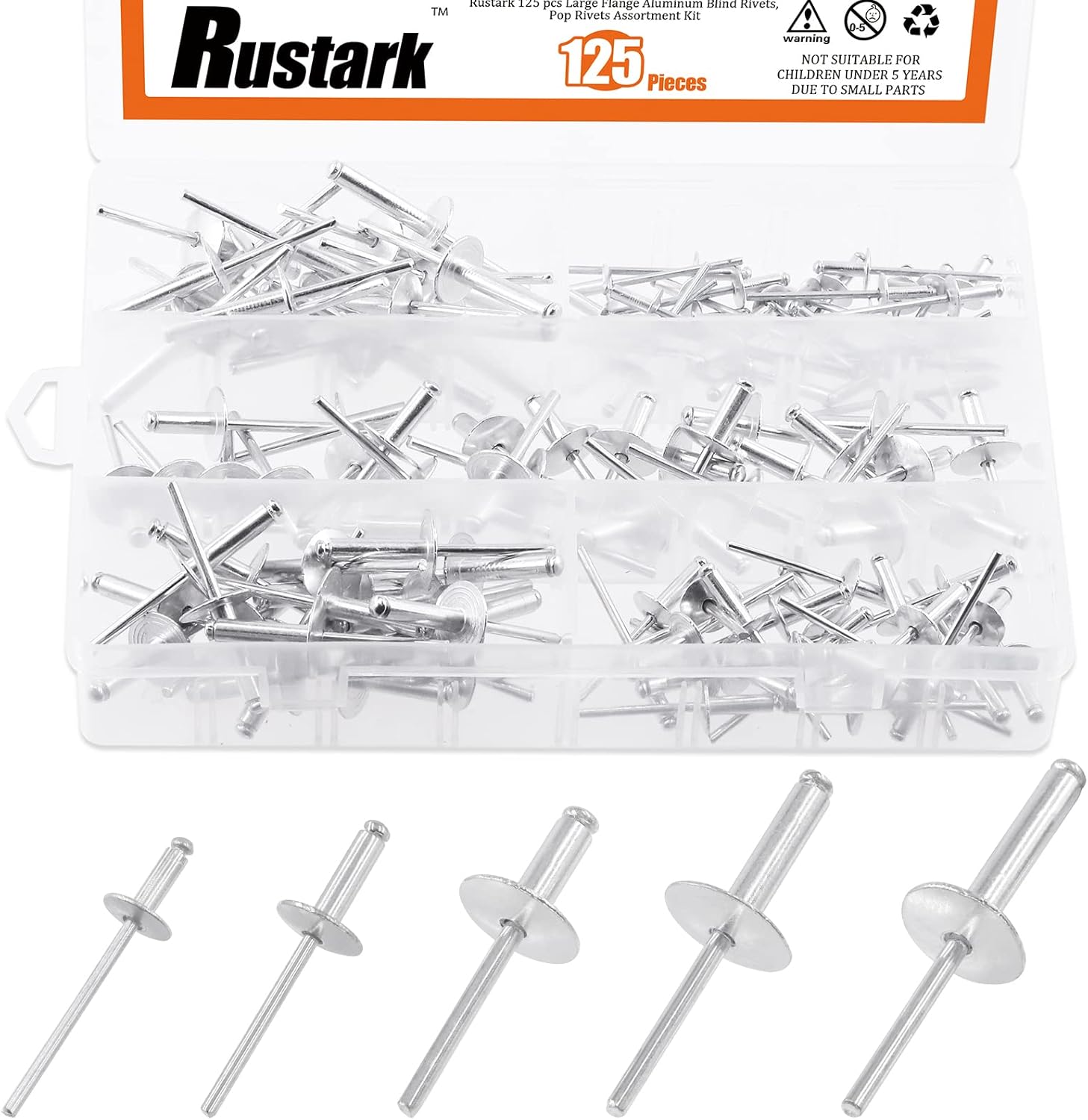 Rustark 125pcs 5 Sizes Aluminum Large Flange Blind Rivets