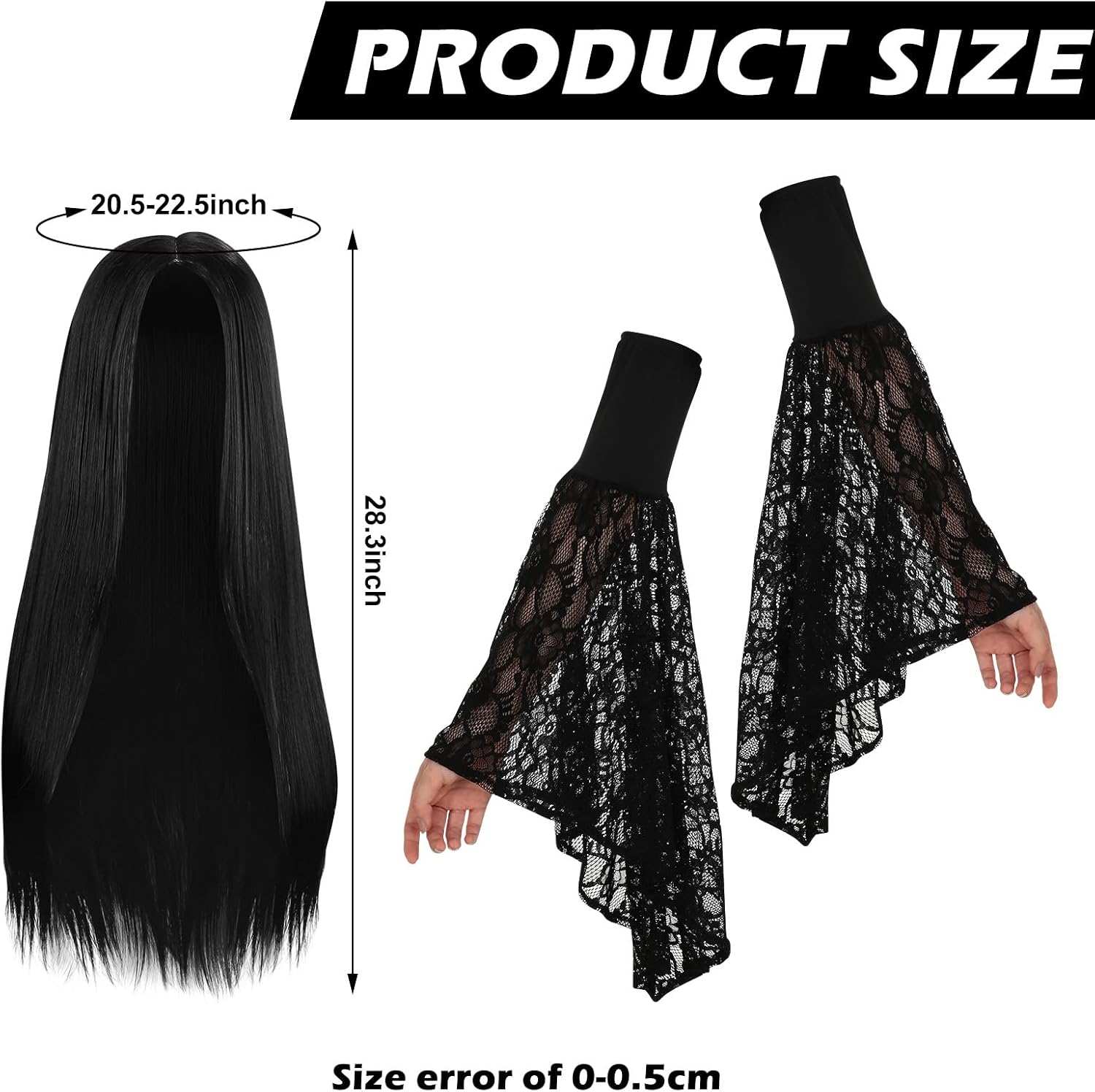 Riceshoot 3 Pcs Halloween Costumes Accessories for Women Long Black Wigs Gothic Gauntlets Costume Long Lace Cuff Accessory for Mysterious Cosplay Costume Halloween Witch Accessory