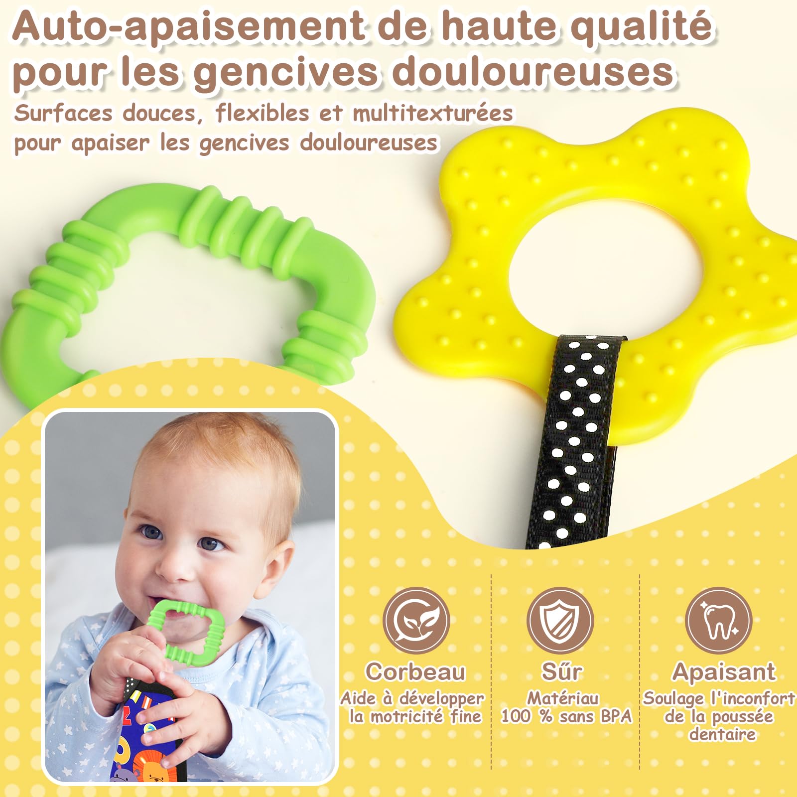 URMYWO Jouet Bebe 0-3-6-9-12 Mois - Miroir d'Éveil Pliable avec Jouet de Dentition et Livre Papier froissé Sensoriel - Montessori Noir et Blanc à Motifs Contrastés pour l'Éveil des Bébés