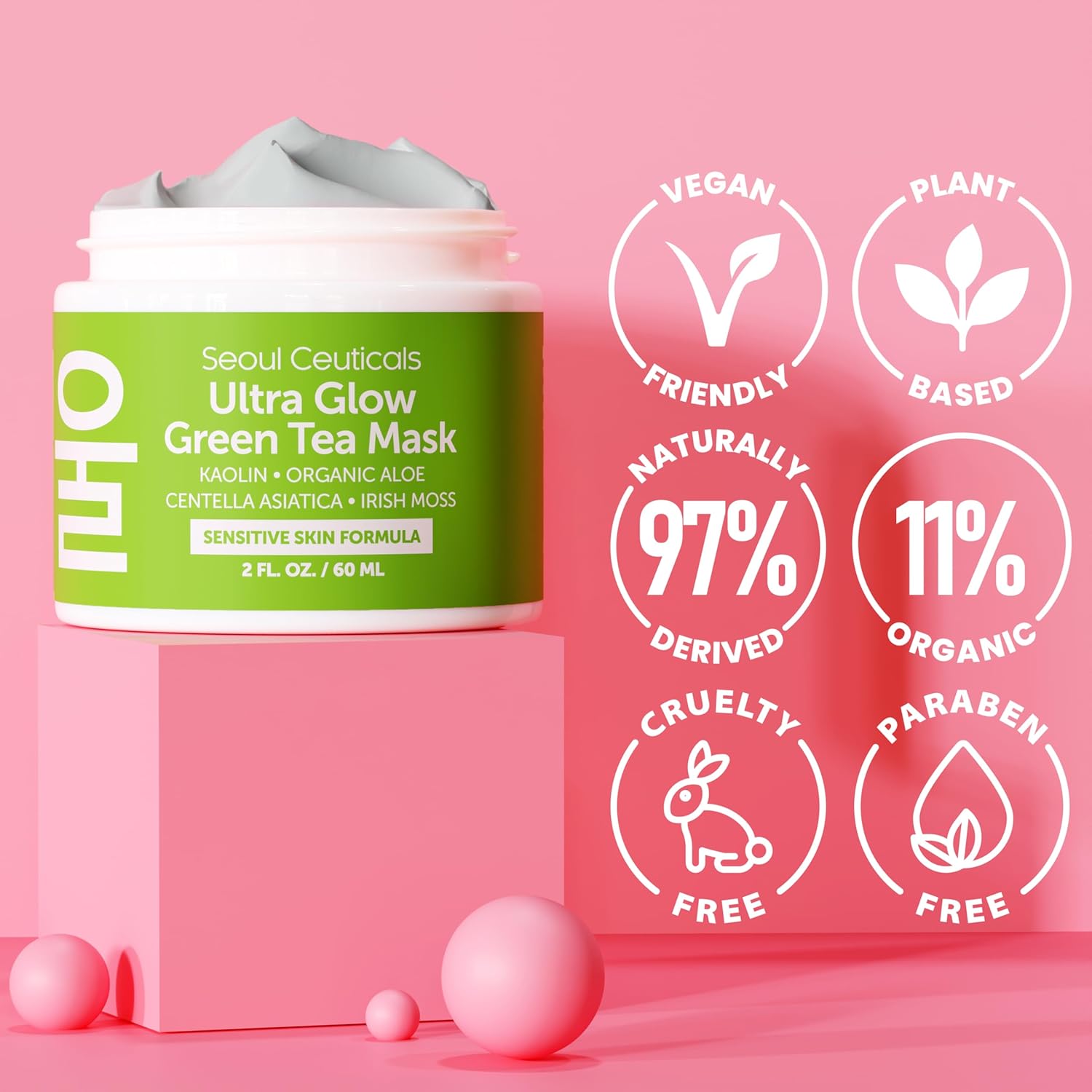 Seoul Ceuticals Korean Skin Care Face Mask for Sensitive Skin - Korean Skincare Green Tea Wash Off Masks - K Beauty Face Masks - Aloe Vera Mask + Centella Asiatica Hydrating Facial Spa Mask 2oz - Image 4