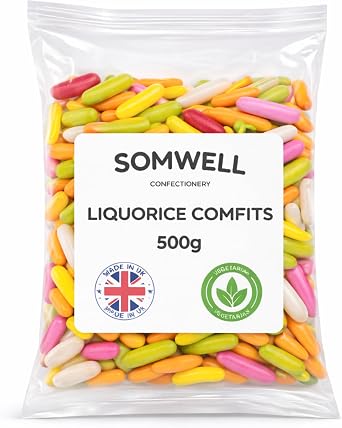 Somwell - Liquorice Comfits 500g - Retro Sugar Coated Liquorice Sweets - Bulk Pick & Mix Bag - Ideal for Parties, Office & Gifts - Gelatine Free, Vegetarian - Resealable Pack