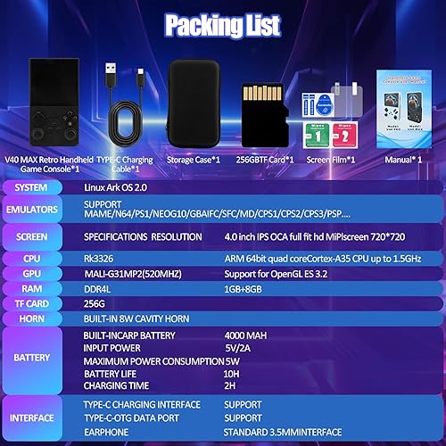 Miniatura 9 de Consola de juegos de mano retro V40 MAX 2025 actualizada con 256 G incorporados, más de 20000 juegos clásicos, pantalla 4K HD IPS de 4.0 pulgadas,