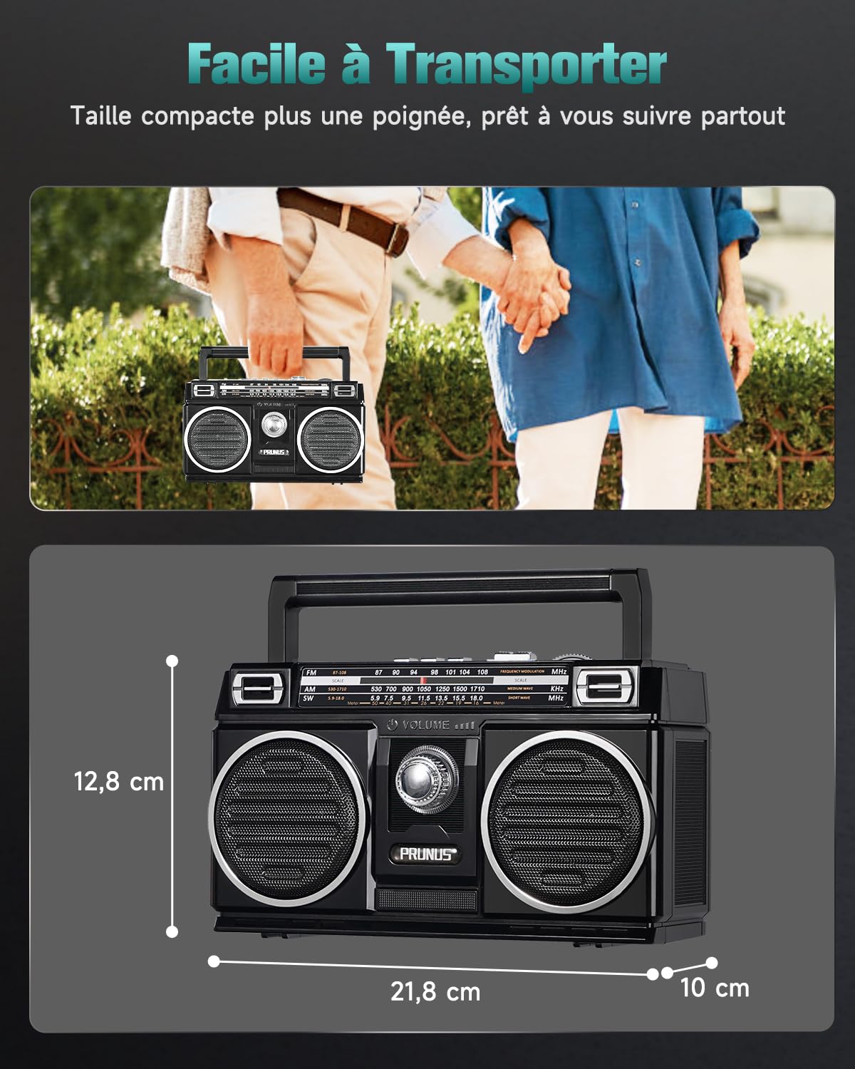 Poste Radio Portable, PRUNUS J-750 AM/FM Radio Portable Rechargeable avec Panneau Solaire, Excellente Réception, 1800mAh Transistor Radio Bluetooth, Support MP3/WAV/WMA