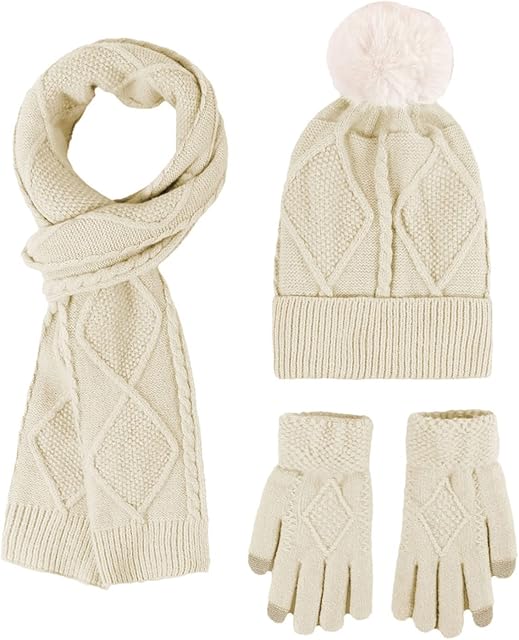 Hinzonek Winter Warm Knit Beanie Hat Scarf Gloves Set for Women Ladies Girls 3 in 1 Pom Pom Hats Mittens Neck Scarf Set Thick Set Outdoor Wearing