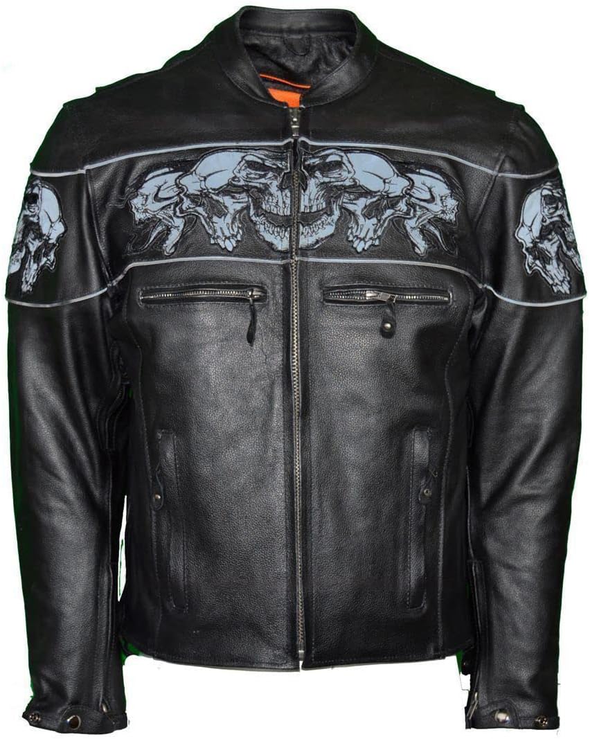 Dealer Leather MEN'S RIDING REFLECTIVE SKULLS CROSSOVER LEATHER JACKET VENTED THICK LEATHER NEW (L Regular)