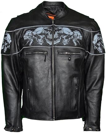 Dealer Leather MENS RIDING REFLECTIVE SKULLS CROSSOVER LEATHER JACKET VENTED THICK LEATHER NEW L Regular