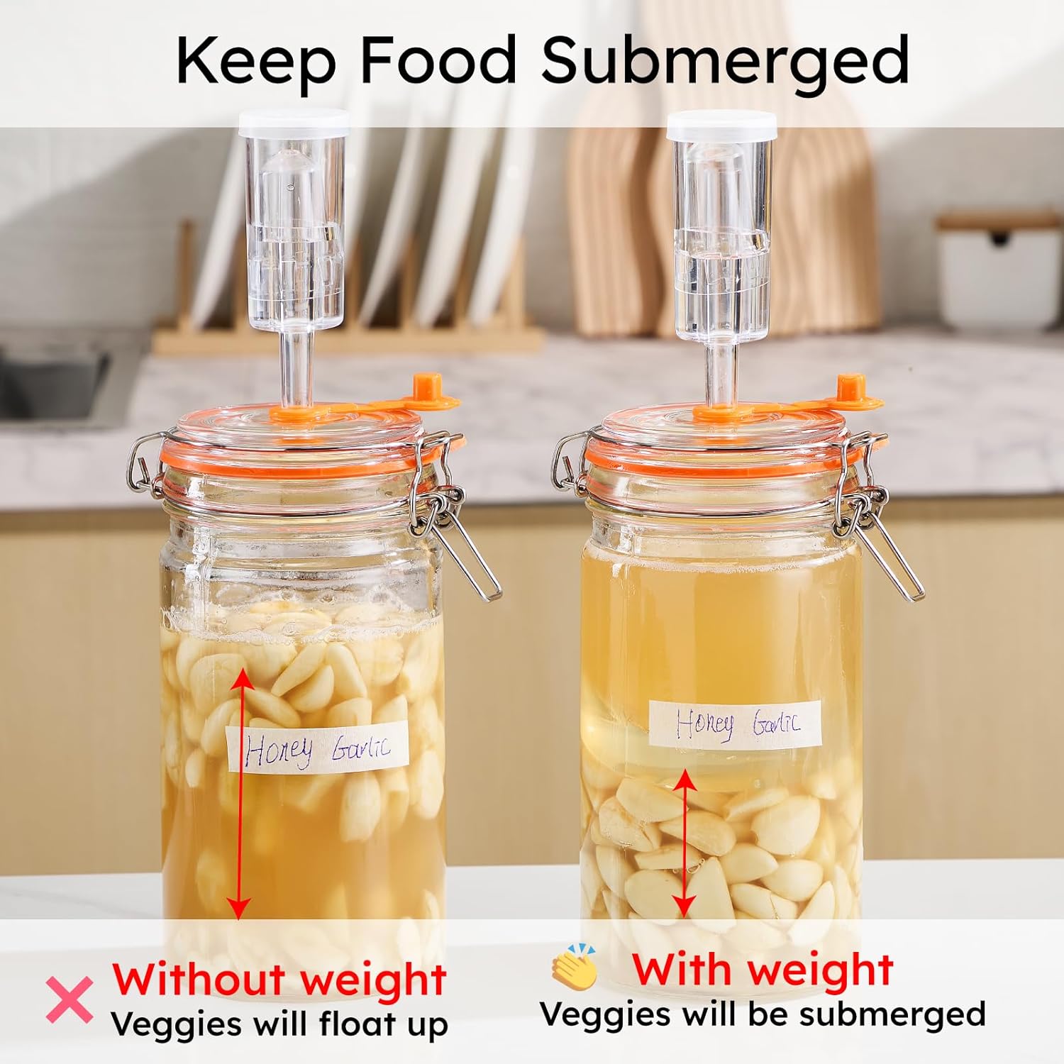 JILLMO 1 Liter Fermentation Jar, Glass Fermenting Kit with Weight for Making Sauerkraut, Hot Sauce, Mead, Cider and More, Pack of 2 - Image 5