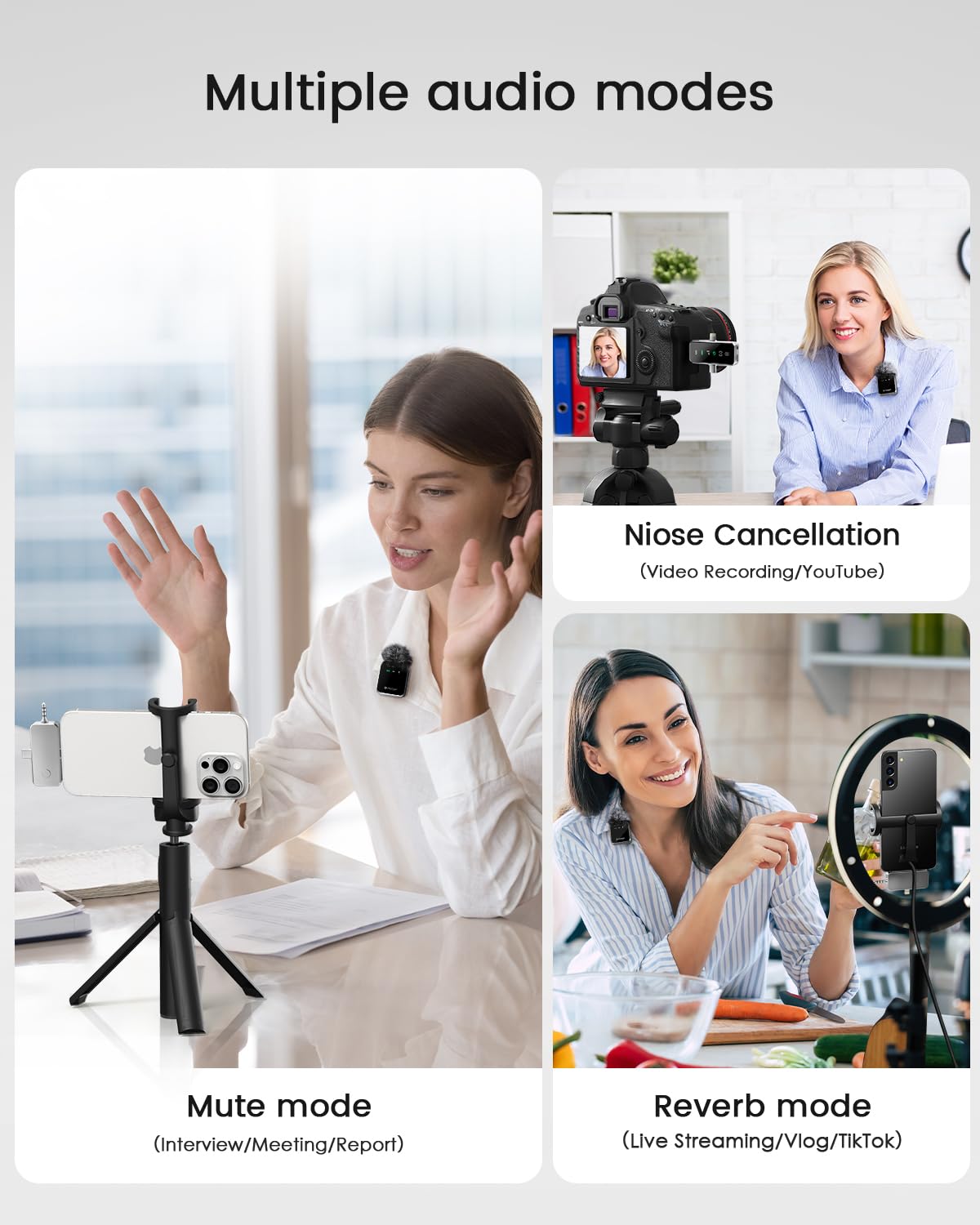 PQRQP 3 in 1 Microphone for iPhone/Android/Camera, Wireless Microphones, 328ft Transmission, 18H Battery Life, Mini Microphone for Record Interview, Vlogs, YouTube, Tiktok: Metallic Silver