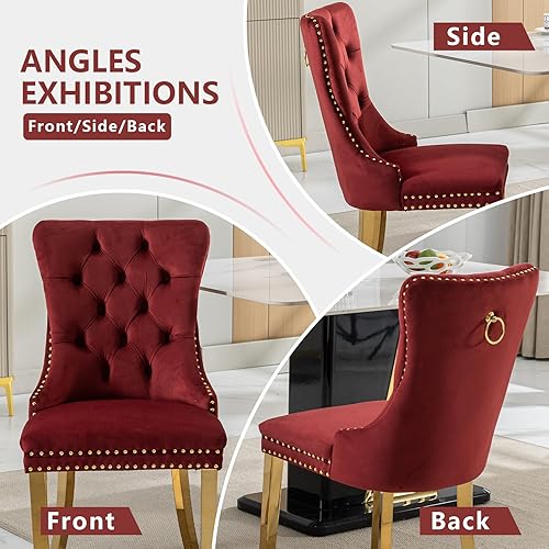 Miniatura 126 de Juego de 4 sillas de comedor de terciopelo beige, sillas de comedor tapizadas con adorno de tirador de anillo trasero y patas de madera maciza,