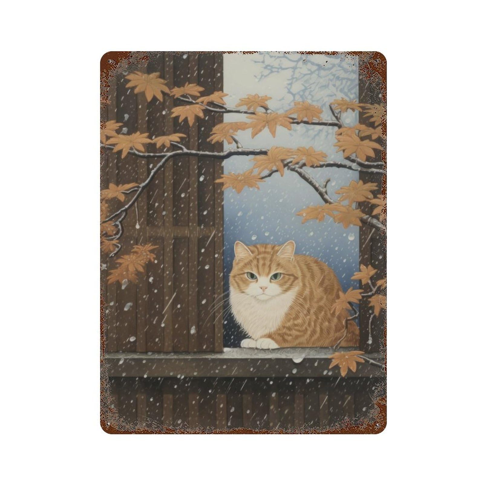Cat Japanese Painting Weathered Tin Sign 15.7"x11.8", Retro Wall Decor for Pub, Kitchen And Man Cave Decor