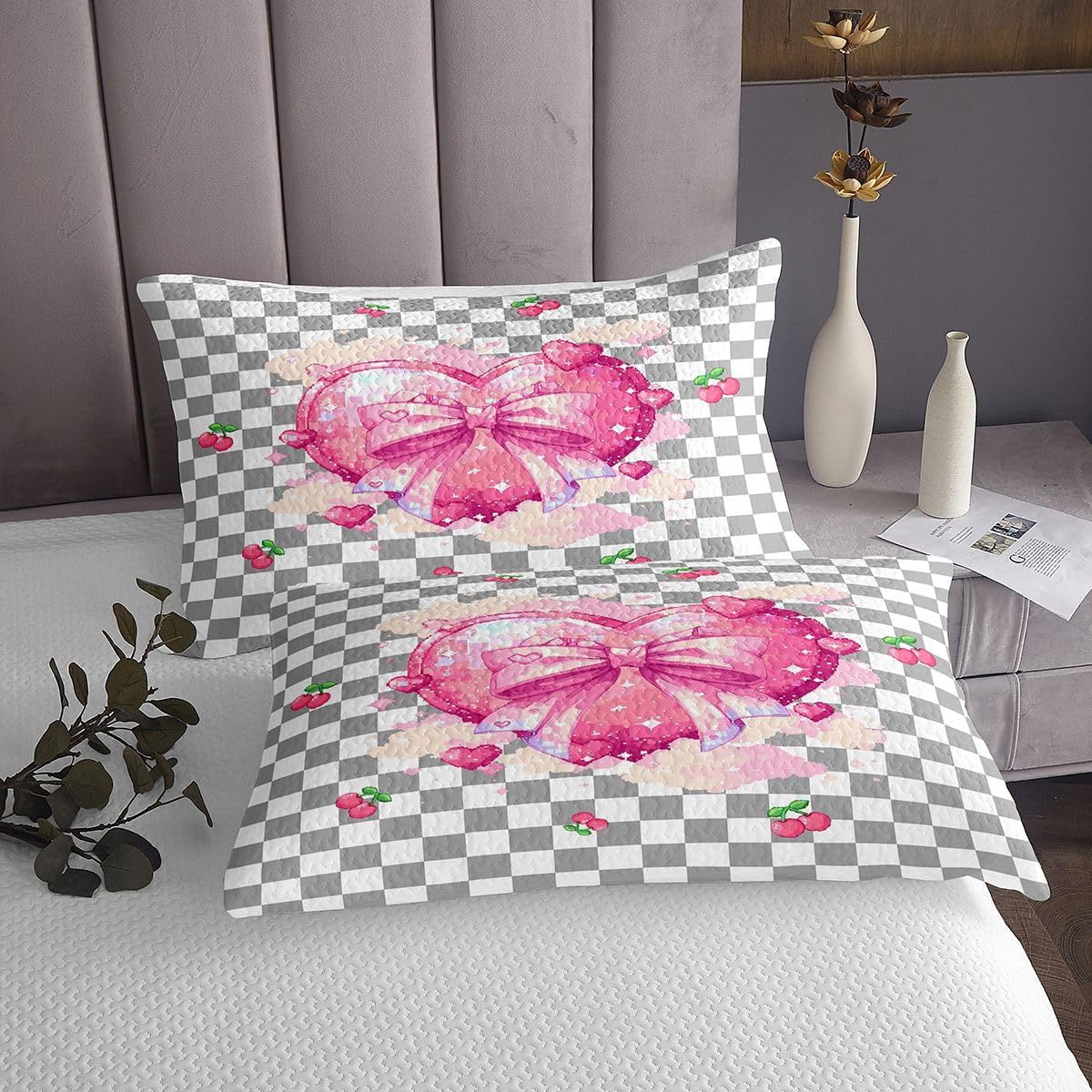Castle Fairy Pink Bow Knot Quilt Sets Twin Size,Cherry Bowknots Bedspread Coverlet 2Pcs for Kids Girls Boys Room Decor,Love Heart Quilts Set Grey White Plaid Bedding Comforter,1 Pillowcase