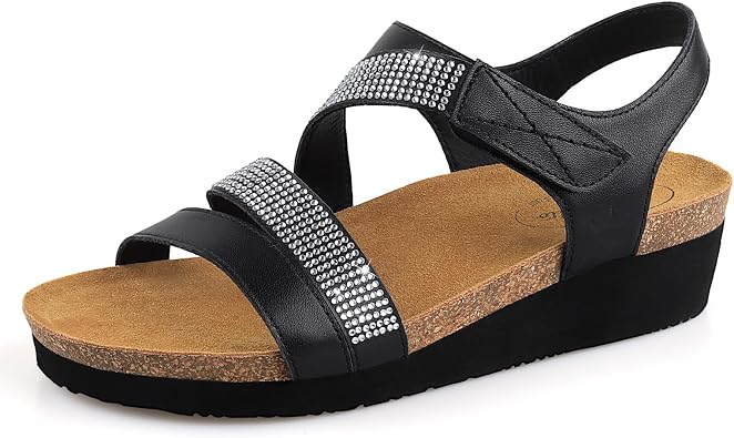 BCSTUDIO Womens Comfortable Wedge Dress Leather Sandals, Platform Summer Walking Casual Rhinestone Sandals with Arch Support