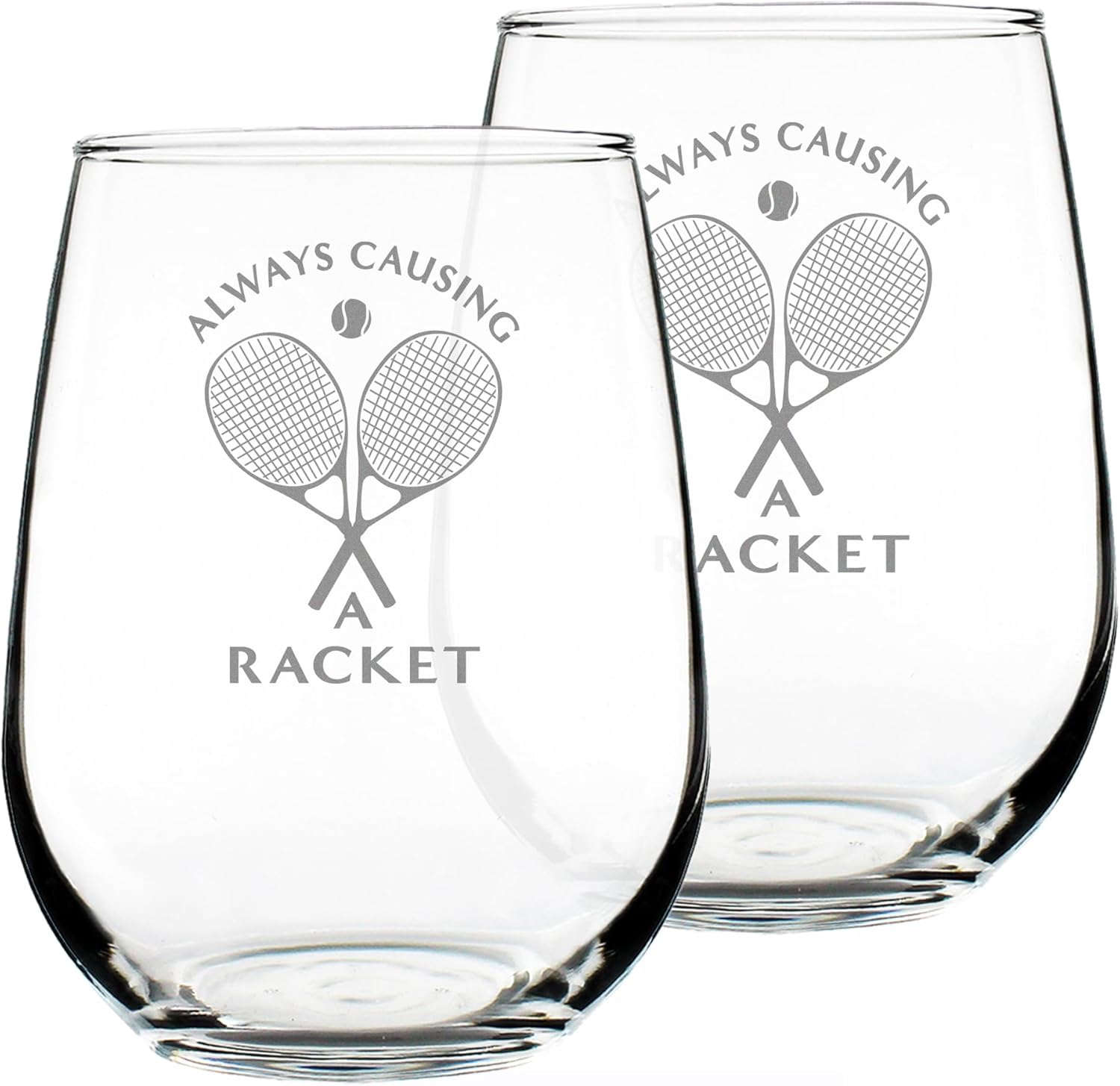 Bevvee Causing A Racket - Stemless Wine Glass - Funny Tennis Themed Decor and Gifts - Set of 2 - Large 17 Oz Glasses