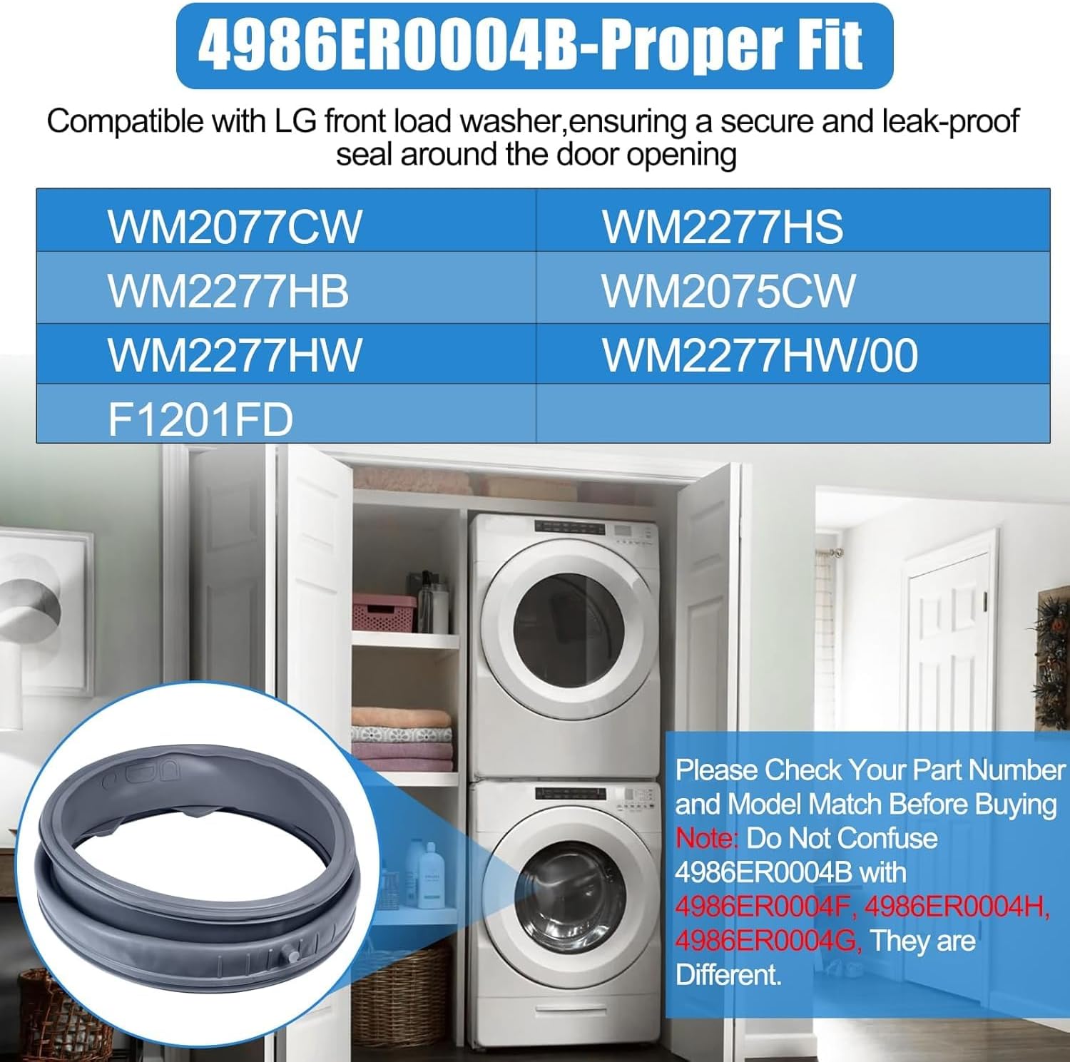 UPGRADED 4986ER0004B Washer Door Gasket Without Drain Port Compatible with LG Front Load Washer Door Seal WM2077CW WM2277HW WM2277HS WM2277HB WM2277HW Door Gasket LG Washer Door Boot Seal PS3587000