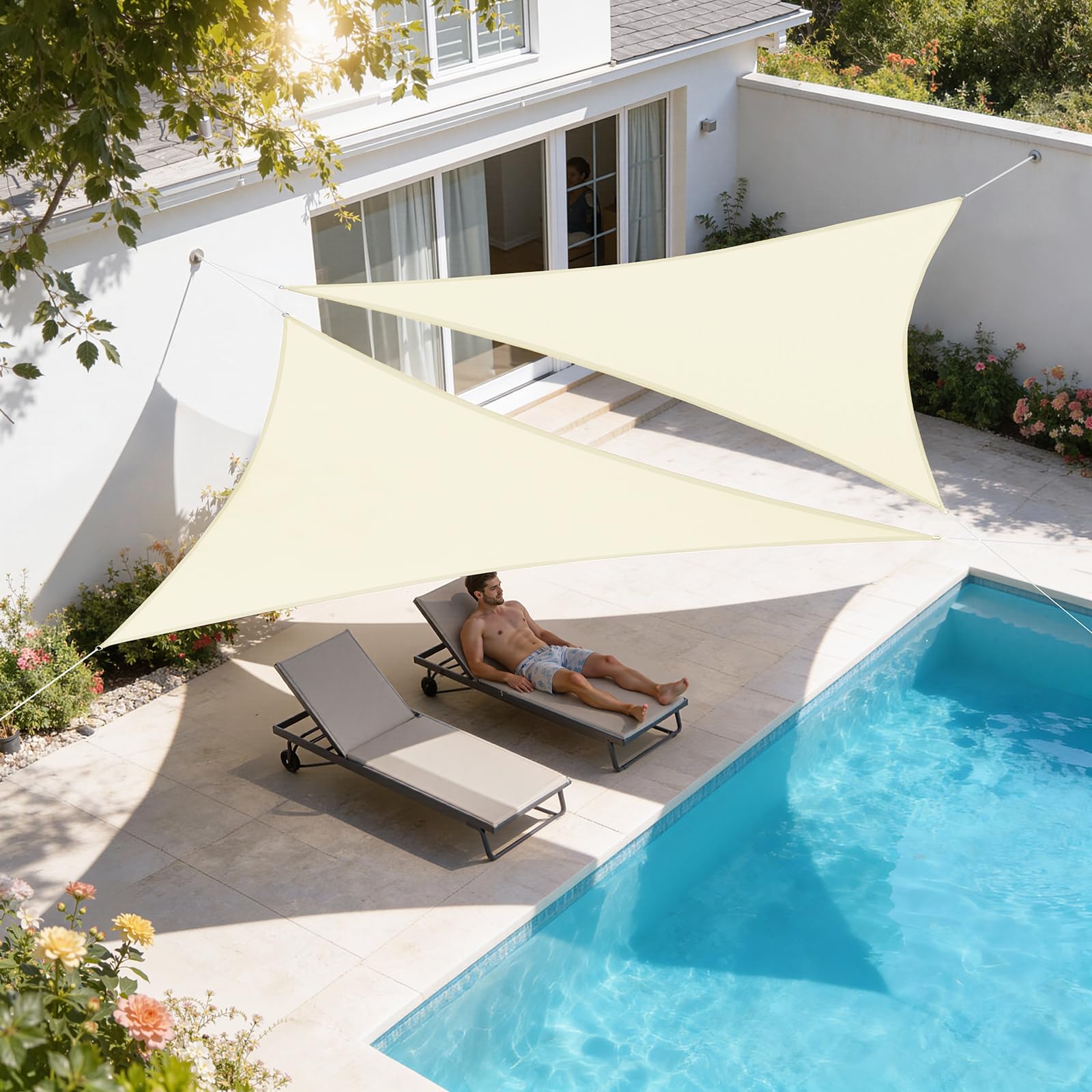 WOLTU Toldo Vela de Sombra Triangular 5x5x7 m HDPE Transpirable Anti Rayos UV Solar protección 85% Resistente y para Jardín, Patio, Exteriores Arena, Crema
