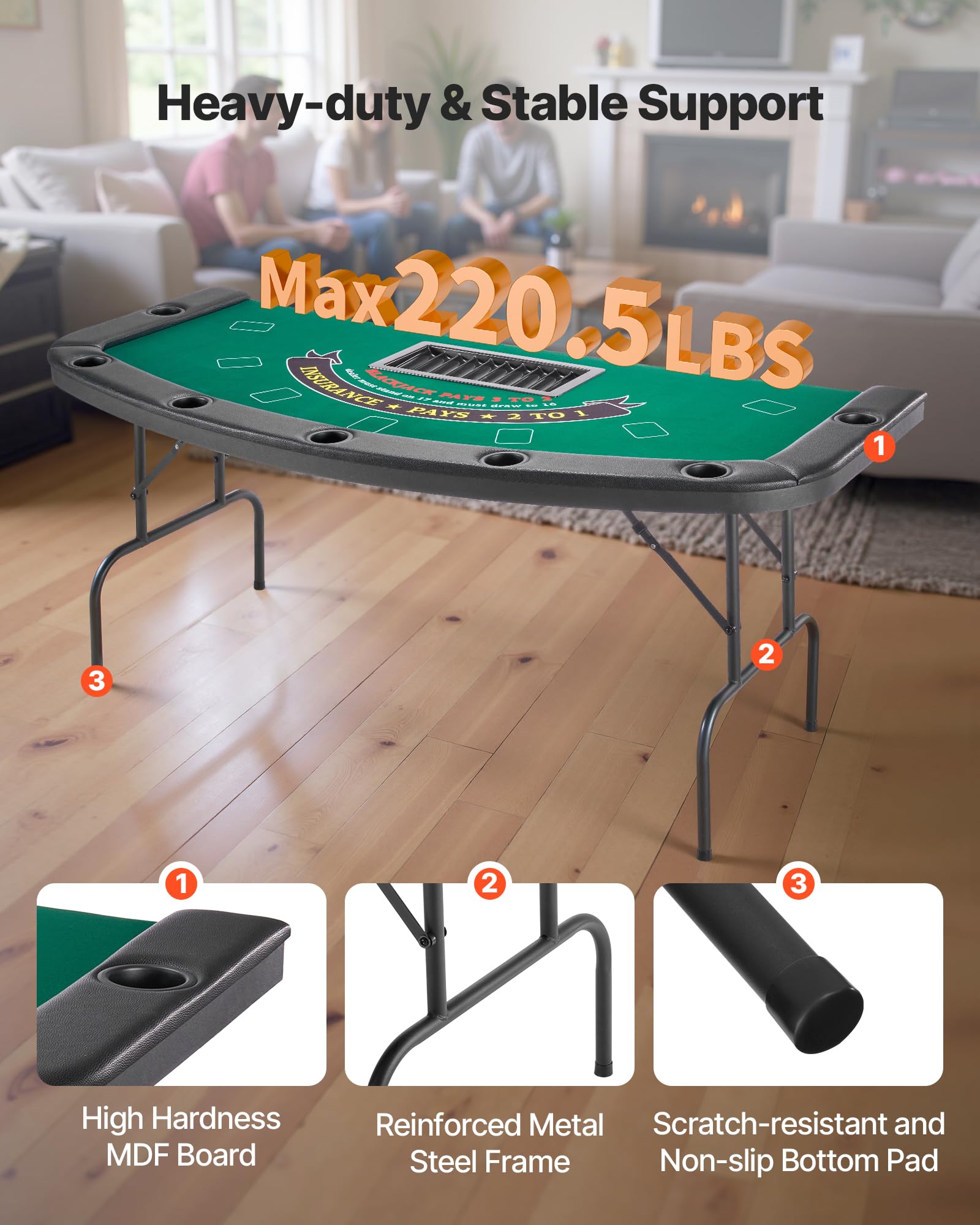 VEVOR klappbarer Pokertisch für 7 Spieler 183 cm Kasino-Freizeittisch mit gepolsterten Schienen & Getränkehaltern, Halbovale tragbare Spieltische mit Filz- und Metallbeinen
