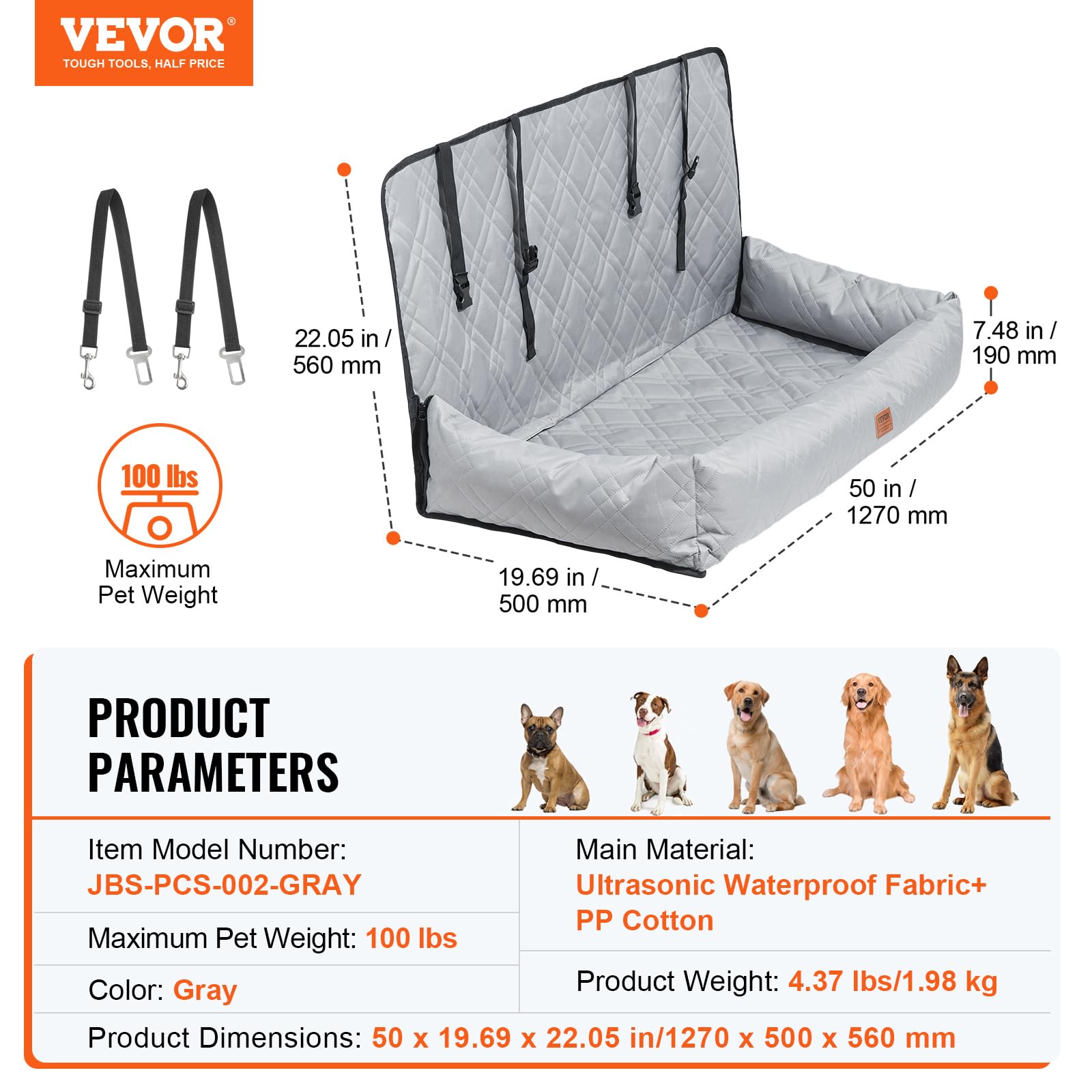 VEVOR Asiento de Coche para Perros 45 kg Asiento de Seguridad para Mascotas Asiento Elevador Impermeable con Correa de Seguridad con Clip Acolchado de Algodón PP Silla para Coche para Mascotas, Gris