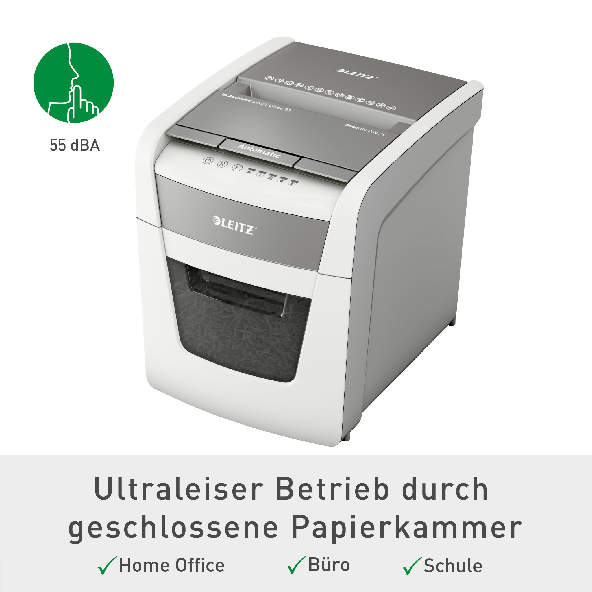 Leitz IQ Autofeed Small Office Aktenvernichter, 50 Blatt Papierstapel schreddern, Zeit sparen mit automatischem Einzug, Partikelschnitt P4, 20L Abfallbehälter, Leiser Betrieb für Büro, 80350000