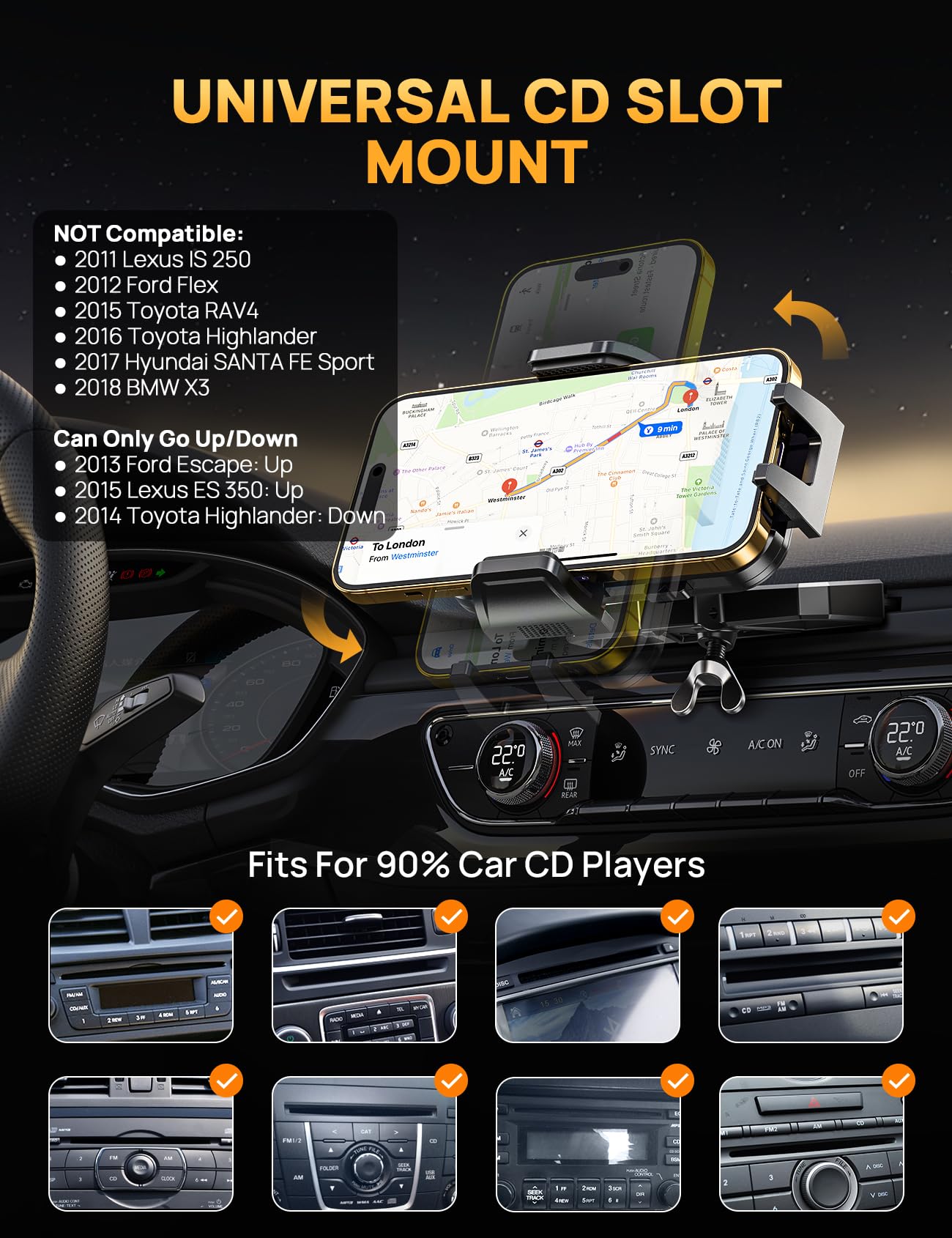 Supporto per telefono CD, supporto per telefono da auto e clip per bocchetta dell'aria [compatibile con custodie spesse], supporto universale regolabile a 360°, per slot CD da auto, per iPhone e