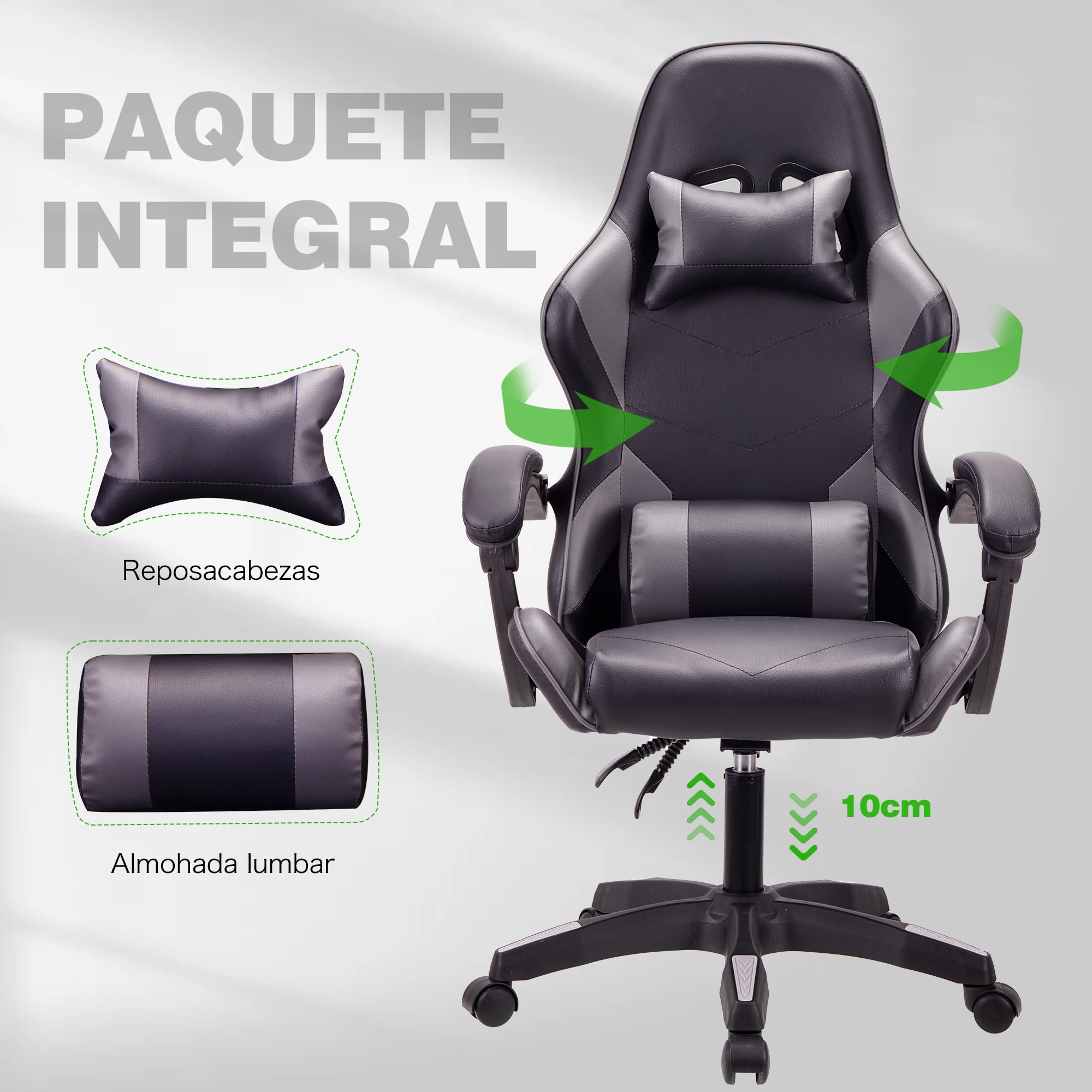 T-THREE. Silla ergonómica de respaldo alto para juegos, computadora, oficina y estudio, giratoria con soporte lumbar ajustable y reposacabezas, capacidad de 150 kg, ideal para