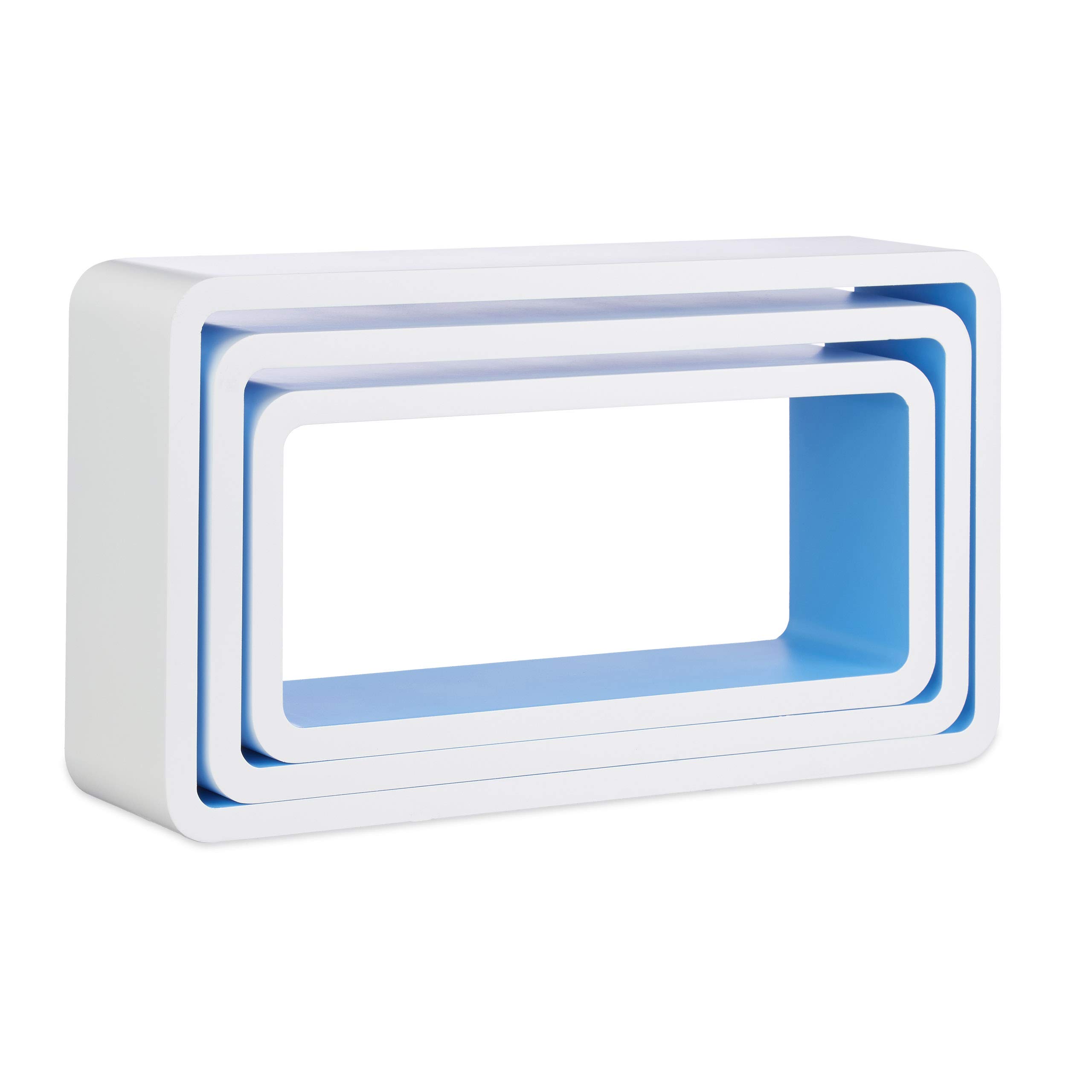 Relaxdays Estantes Pared en Forma de Cubo, Madera, Blanco y Azul, 10x44x24 cm, 3 Unidades