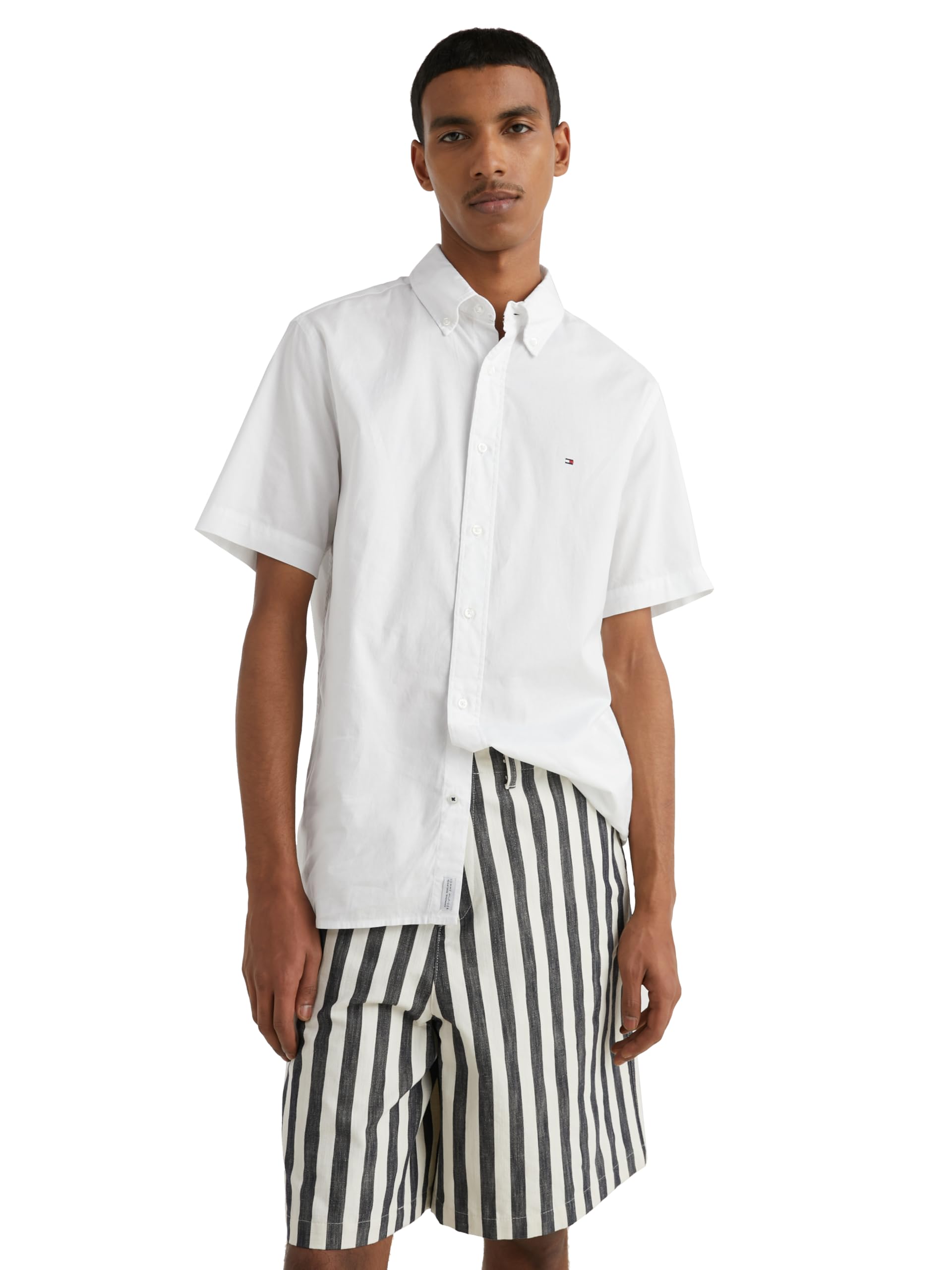 Tommy Hilfiger Short Sleeve Poplin Regular Fit, Men's Button Down Shirts, White, XXL