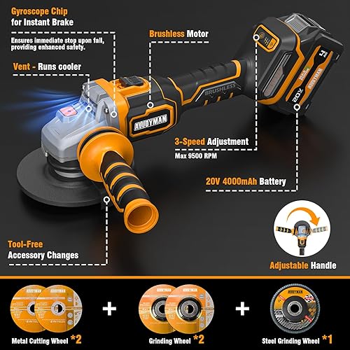 Miniatura 6 de ALLOYMAN Kit de amoladora angular inalámbrica de 20 V, 4-1/2 pulgadas, motor sin escobillas, velocidad variable de 3 velocidades de hasta 9,500 RPM,