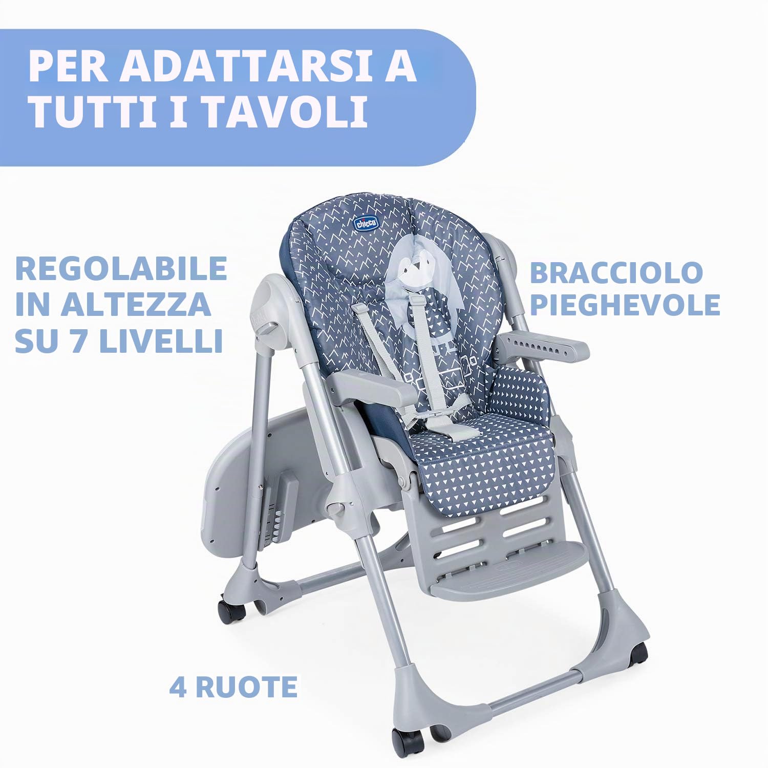 Chicco Polly Easy Seggiolone Pappa Evolutivo per Bambini da 6 Mesi a 3 Anni (15 kg), Reclinabile a Sdraietta, 4 Ruote - Pinguin, Blu